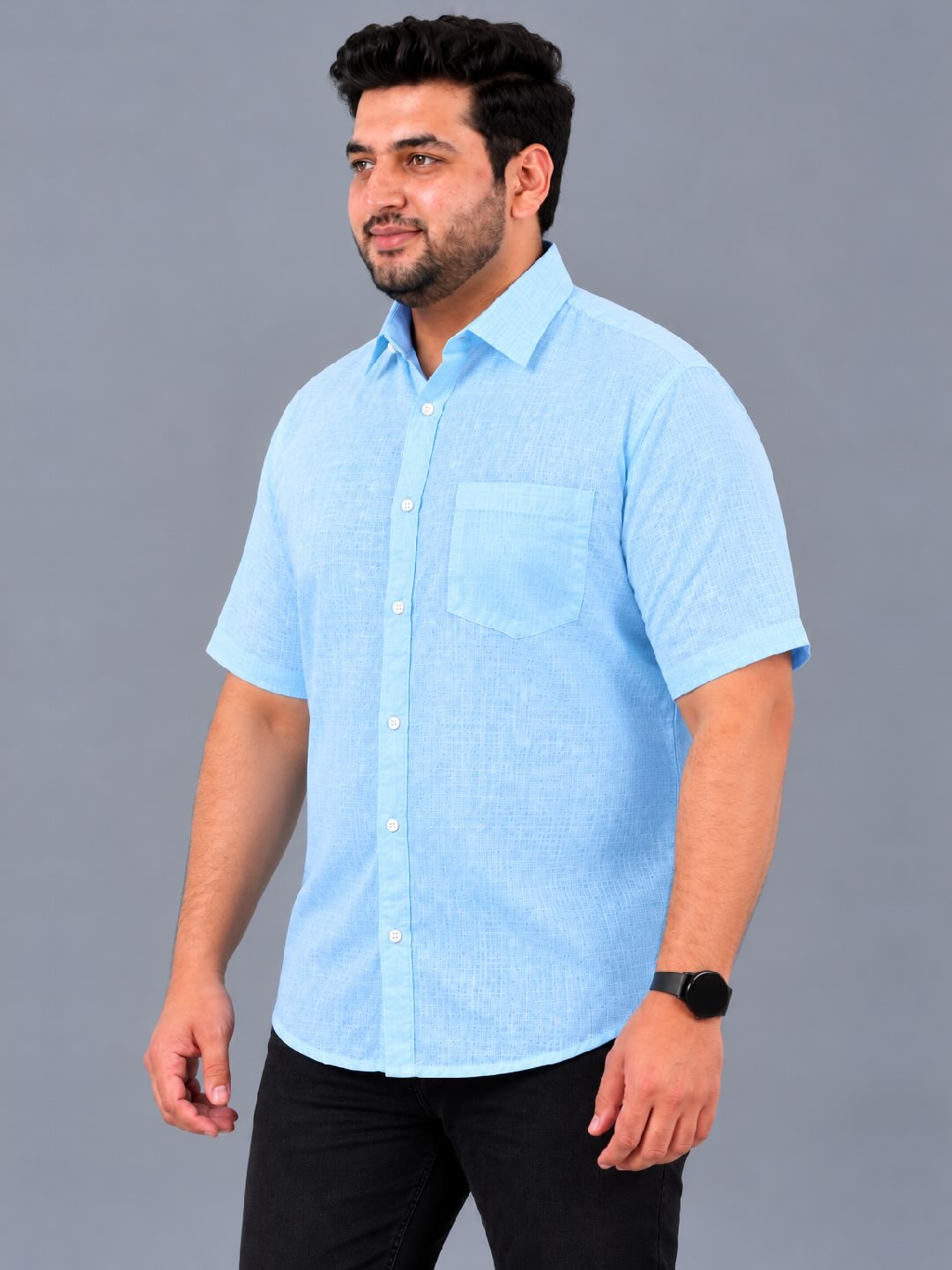 Light Blue Linen Men's Plus Size Half Sleeve Shirt