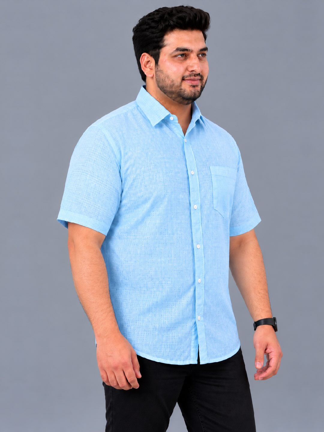 Light Blue Linen Men's Plus Size Half Sleeve Shirt