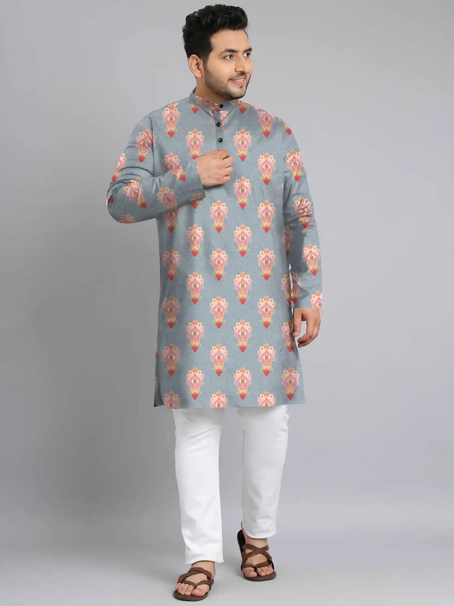 Paisley Peacock Grey Digital Printed Plus Size Kurta