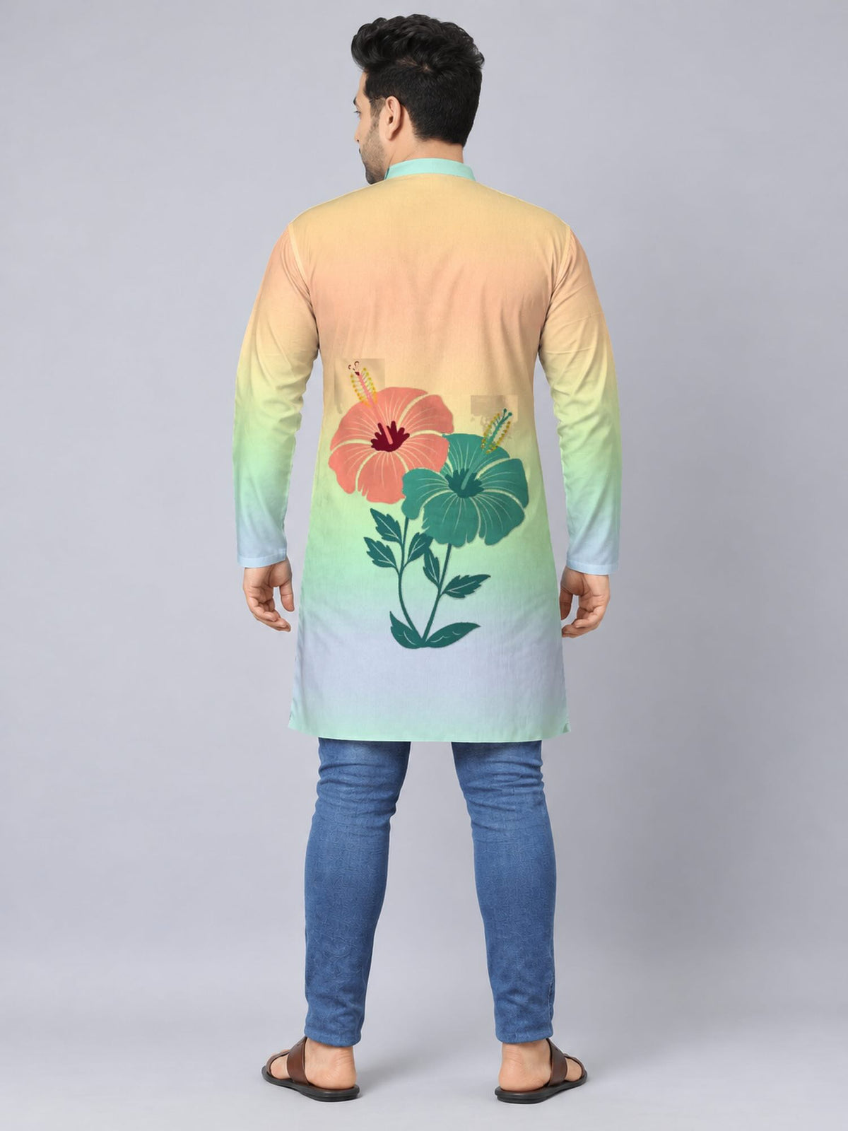 Pastel Hibiscus Digital Printed Men's Plus Size Kurta