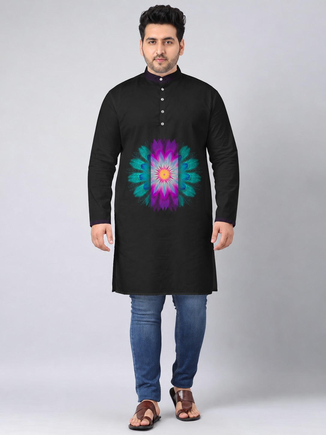 Neon Lotus Digital Printed Men's Plus Size Kurta