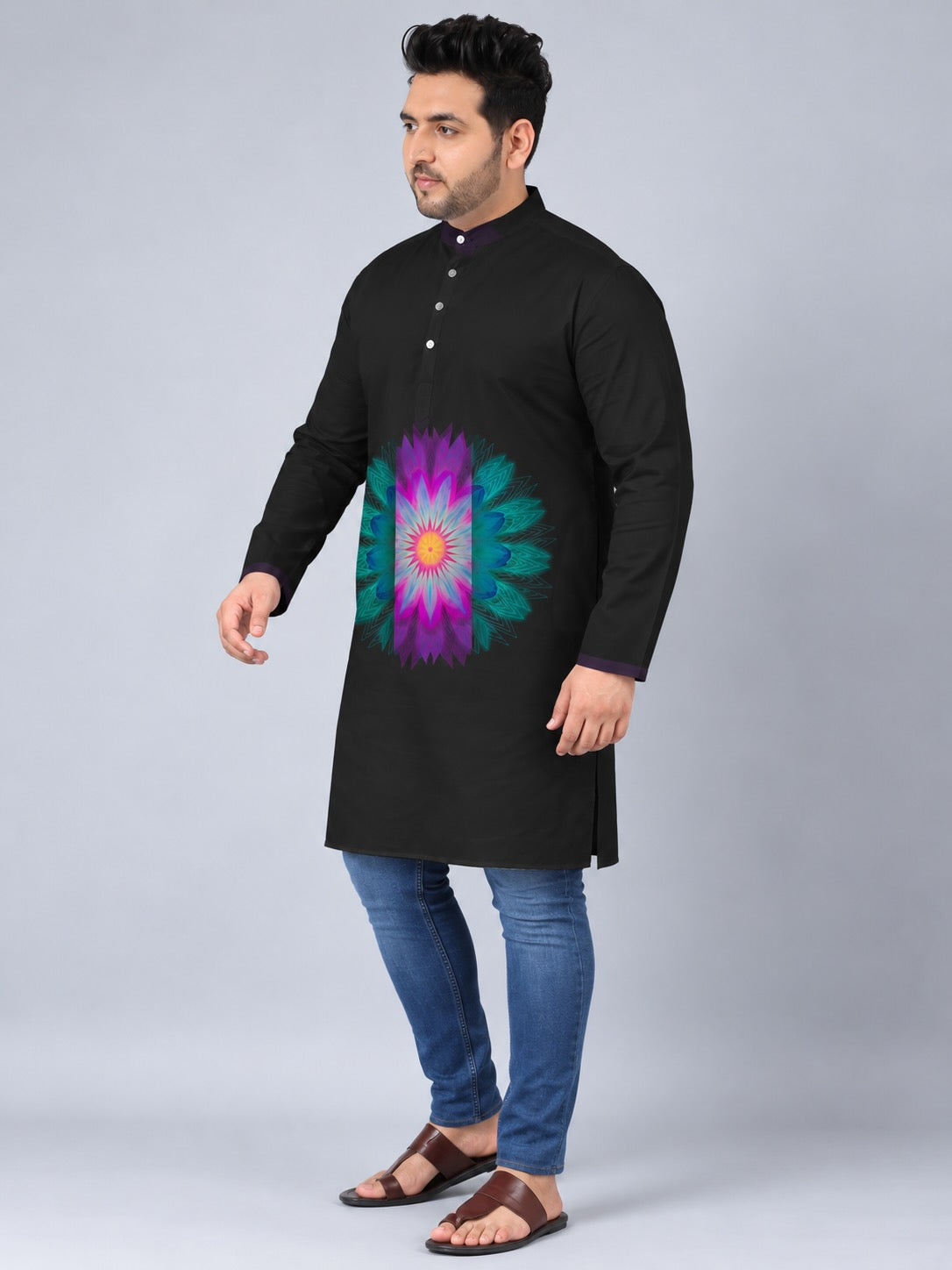 Neon Lotus Digital Printed Men's Plus Size Kurta
