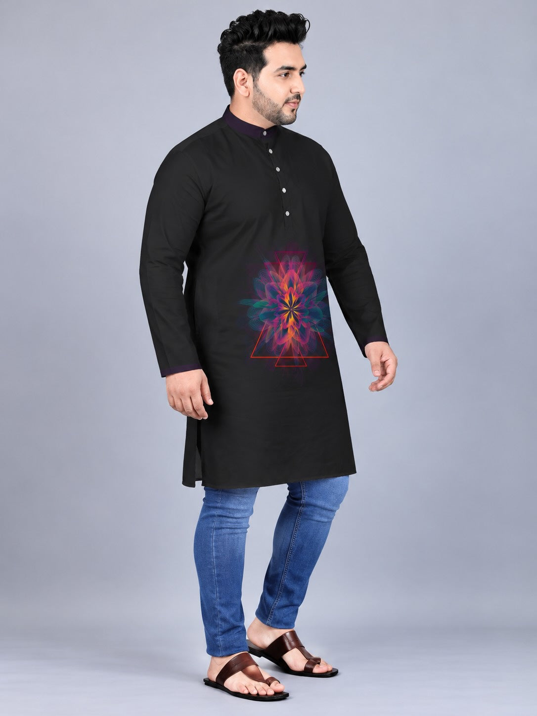 Neon Mandala Digital Printed Men's Plus Size Kurta