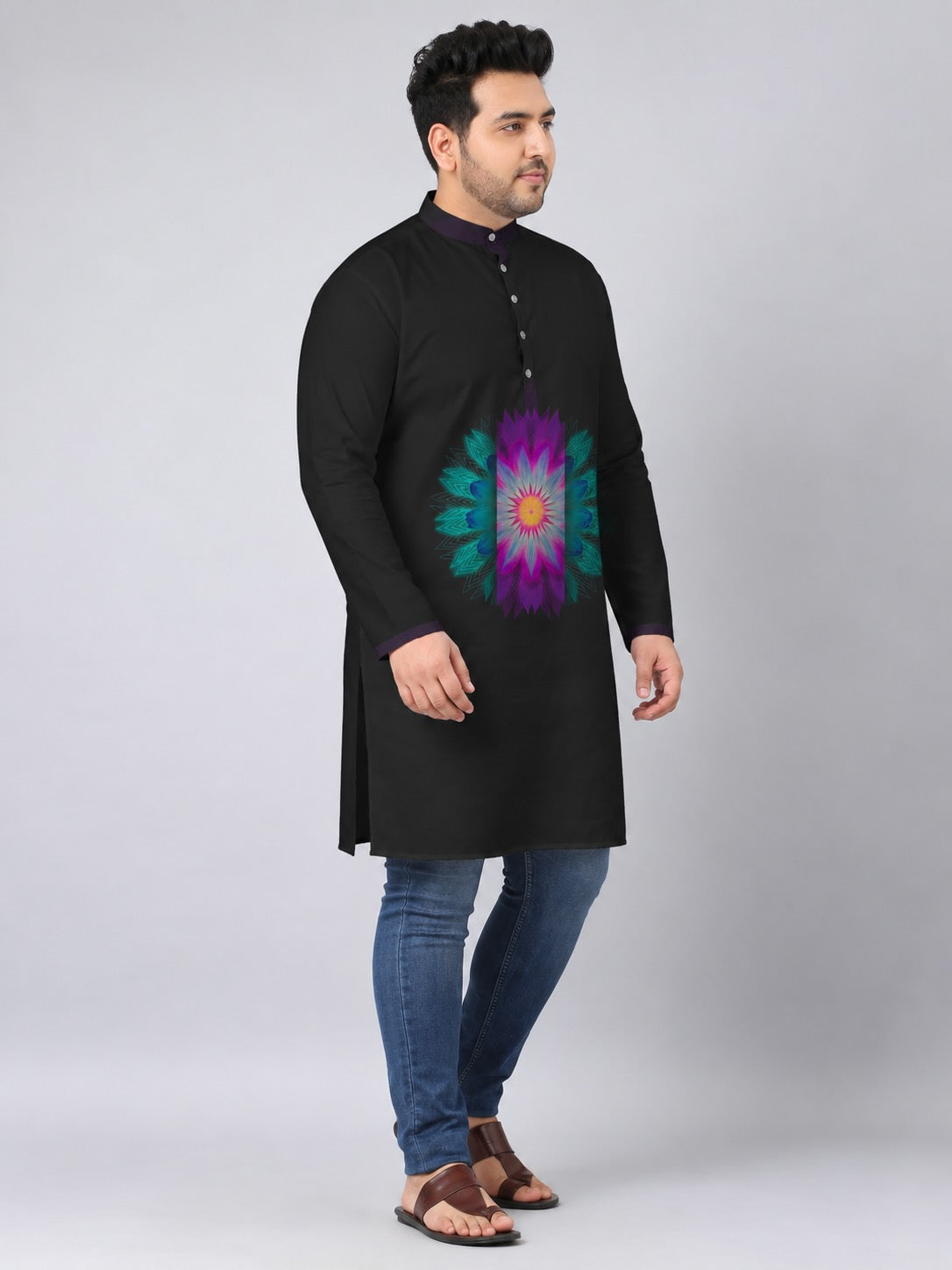 Neon Lotus Digital Printed Men's Plus Size Kurta