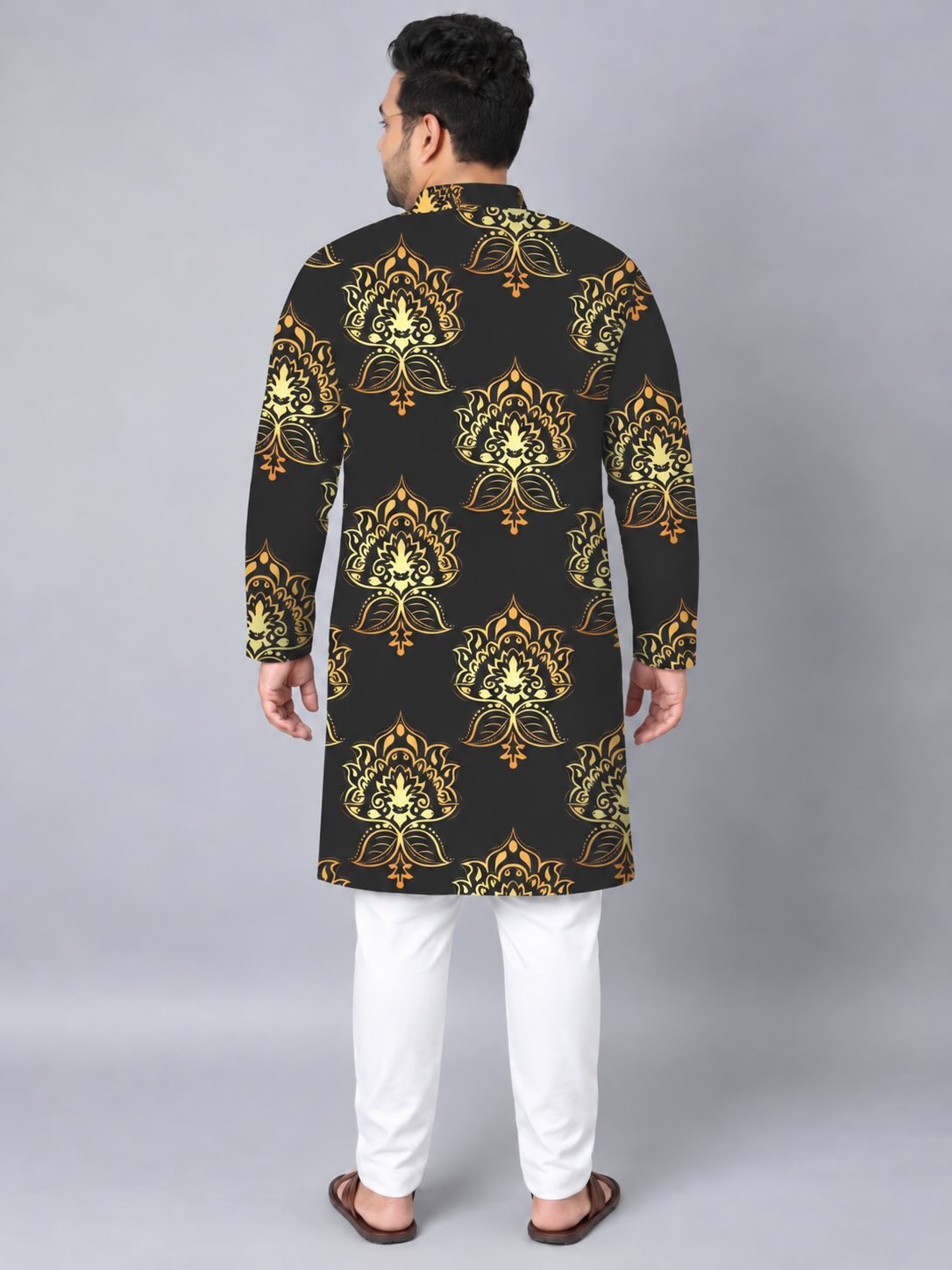 Black Gold Motif Digital Printed Men's Plus Size Kurta