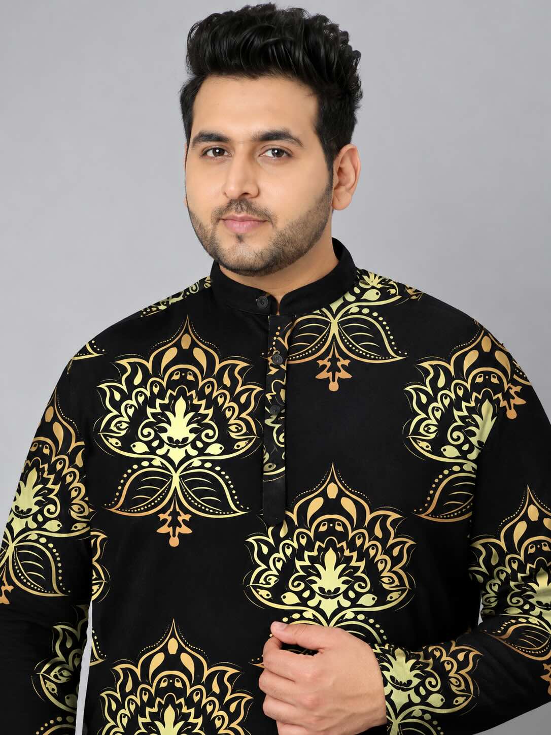 Black Gold Motif Digital Printed Men's Plus Size Kurta