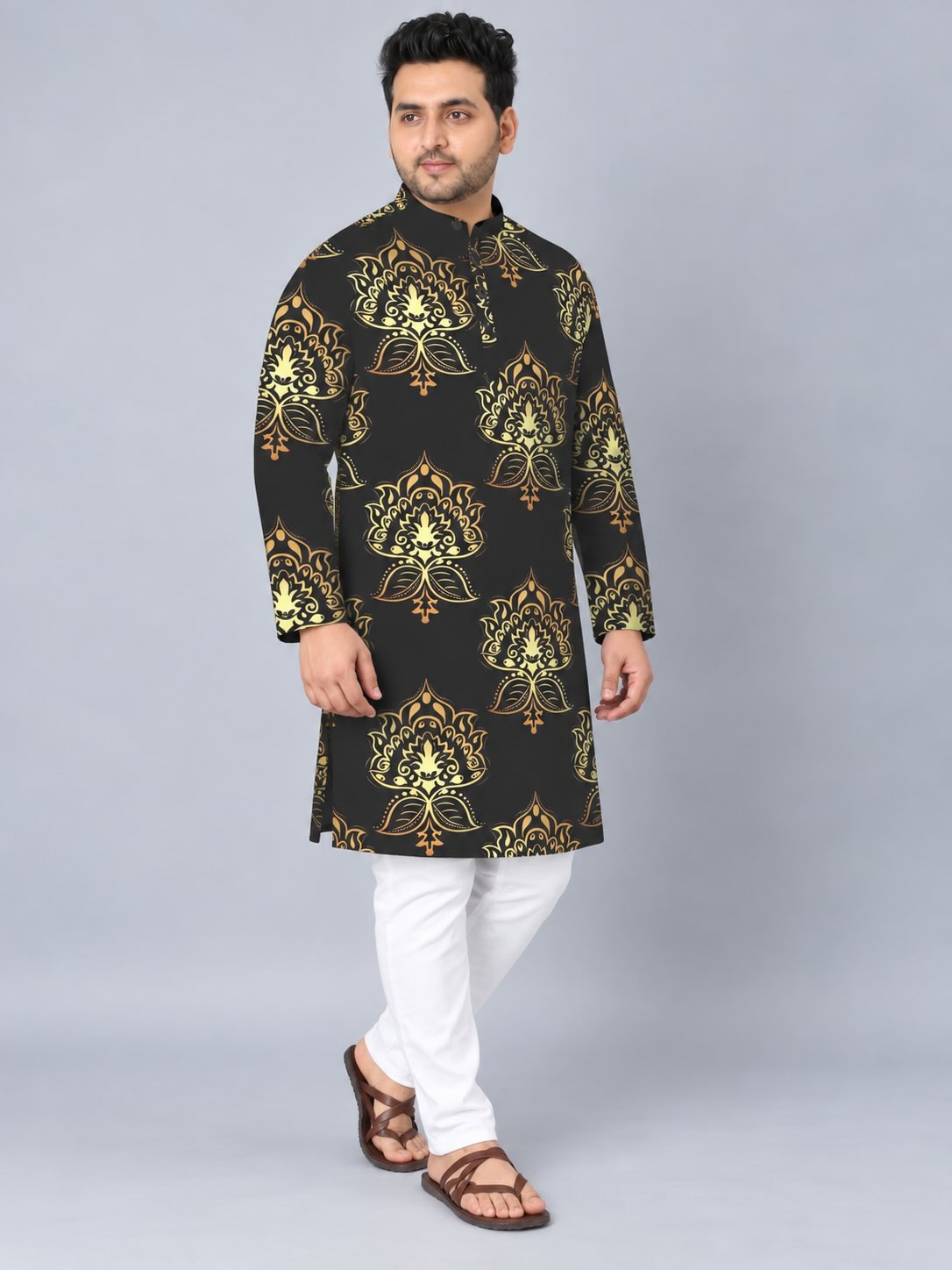 Black Gold Motif Digital Printed Men's Plus Size Kurta