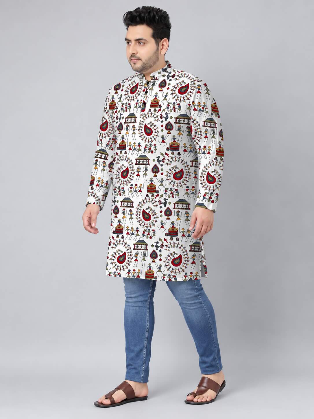 Tribal Folk Fusion Digital Printed Men's Plus Size Kurta