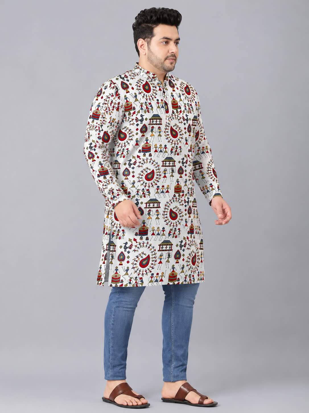 Tribal Folk Fusion Digital Printed Men's Plus Size Kurta