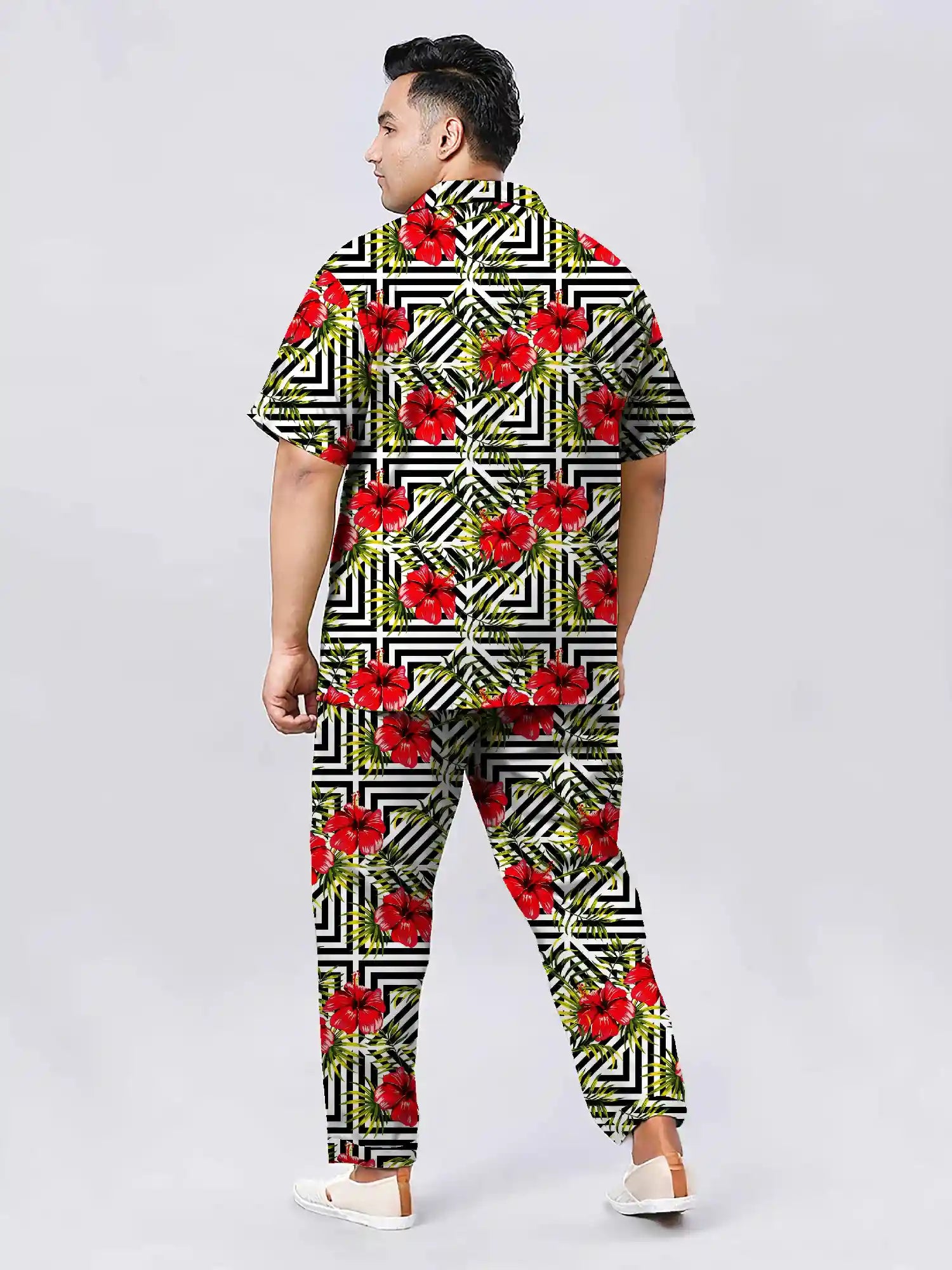 Red Hibiscus Flowers Printed Plus Size Men's Full Co-ord Set