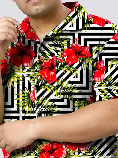 Red Hibiscus Flowers Printed Plus Size Men's Full Co-ord Set