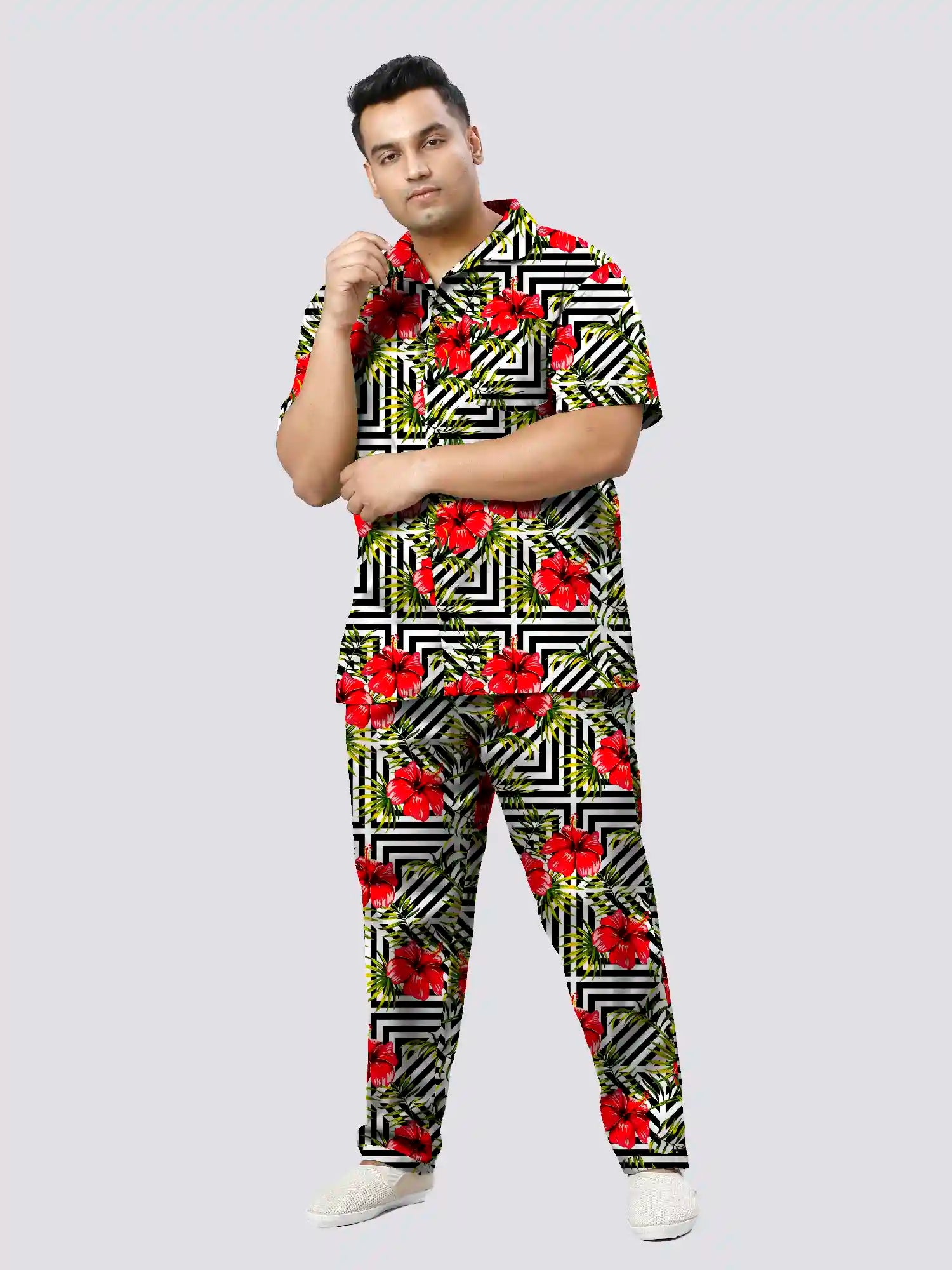 Red Hibiscus Flowers Printed Plus Size Men's Full Co-ord Set