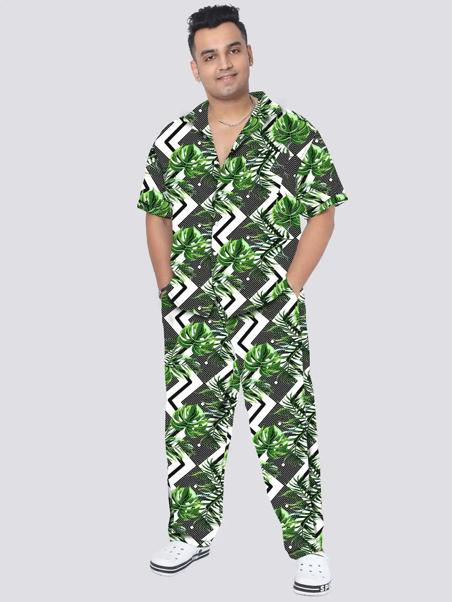 Tropical Leaves Ornament Plus Size Men's Full Co-ord Set