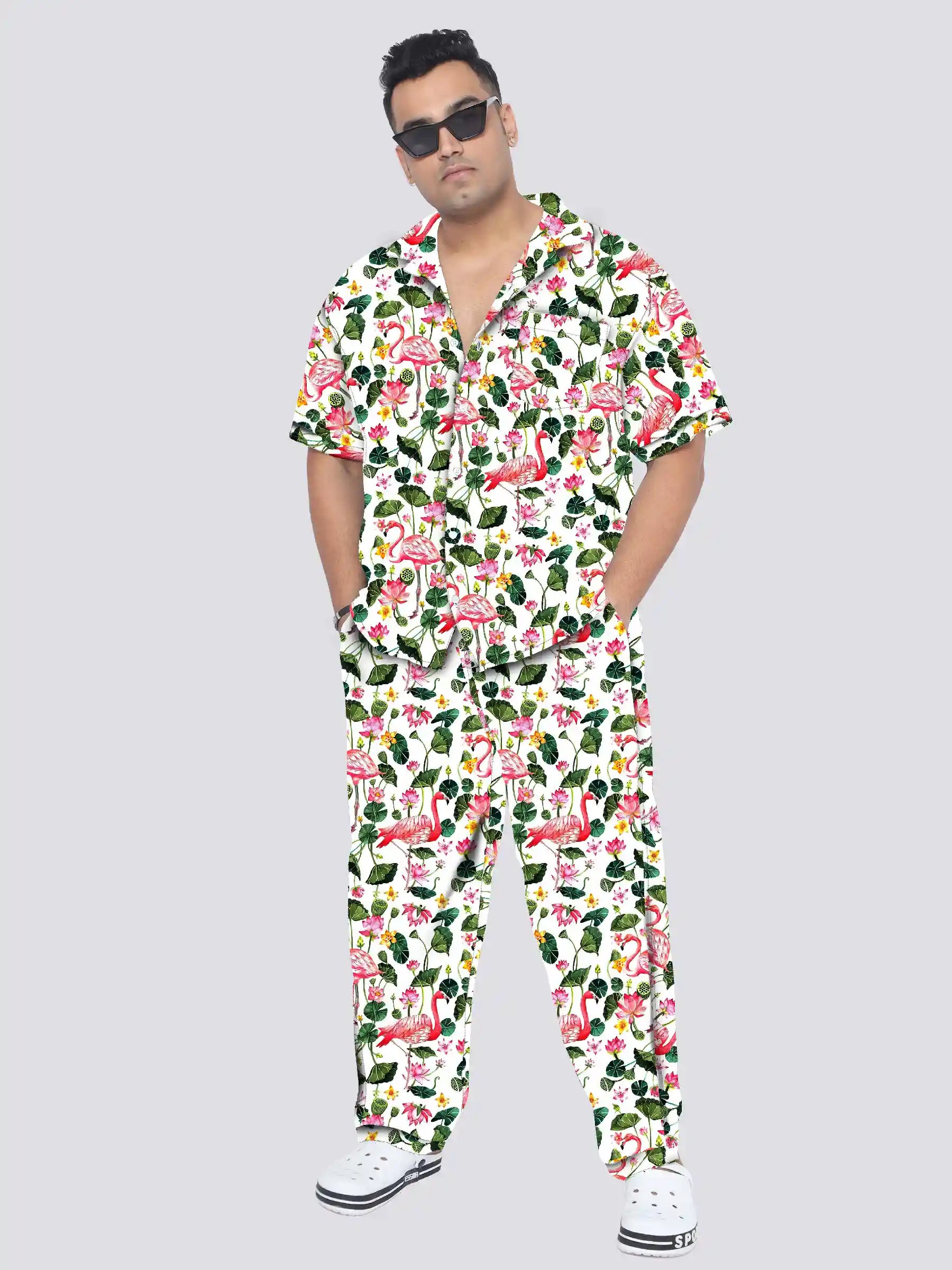 Flamingo and Palm Leaves Plus Size Men's Full Co-ord Set