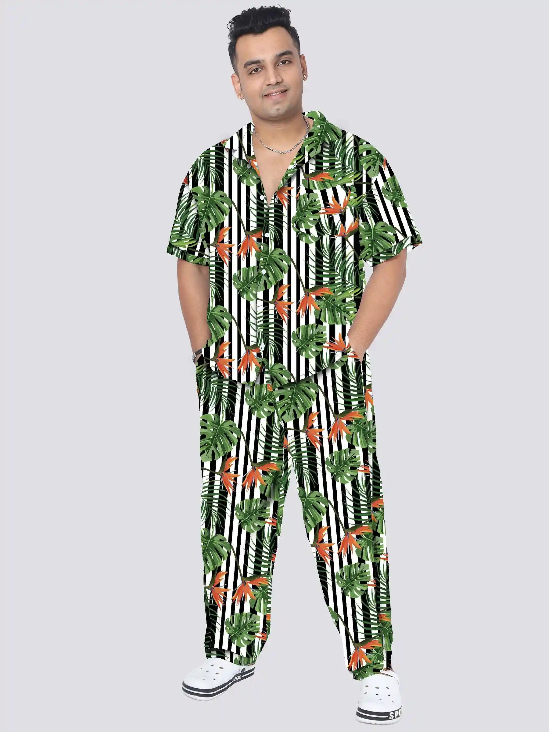 Tropical Plants With Striped Plus Size Men's Full Co-ord Set