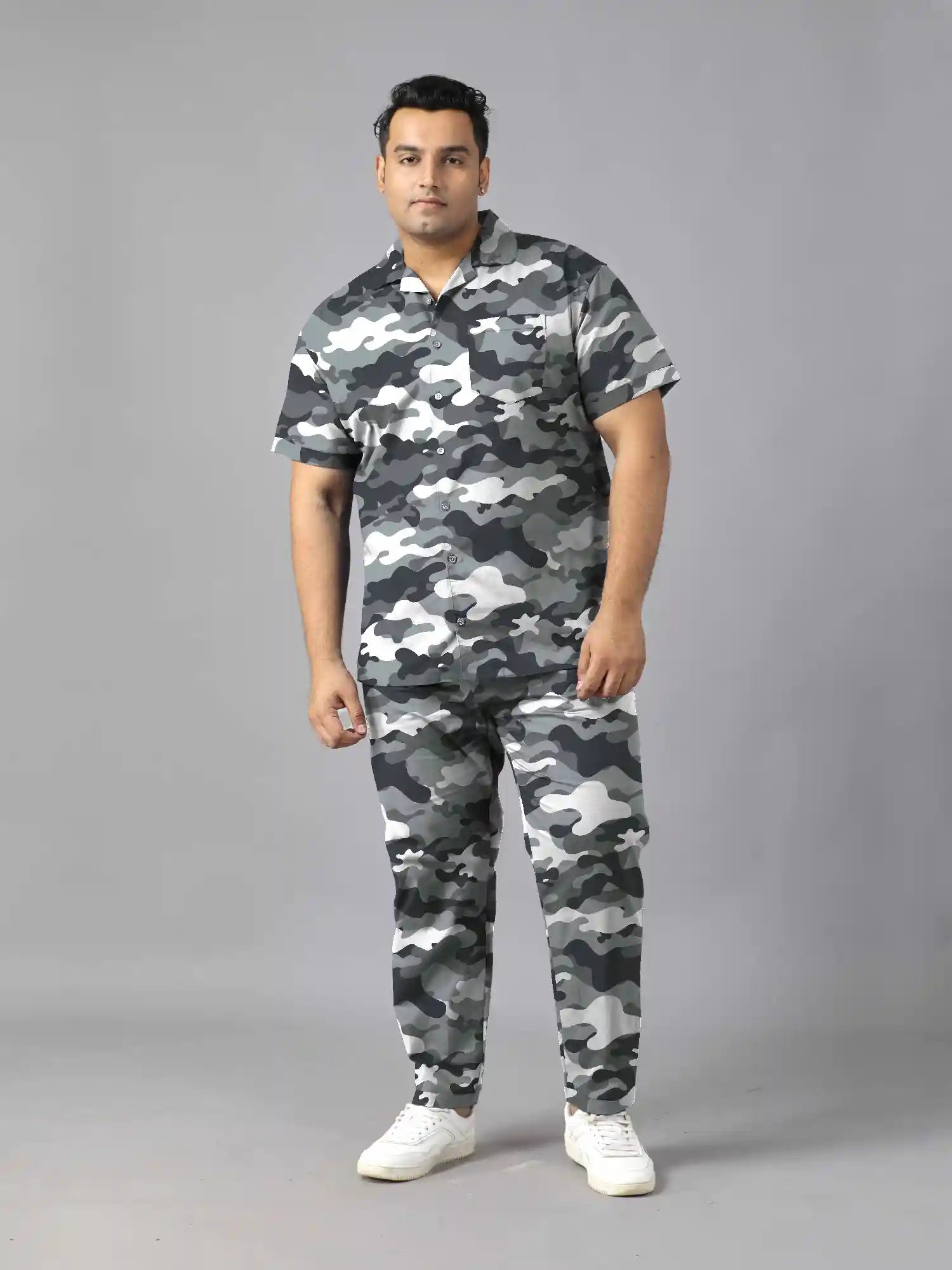 Grey Camo Printed Plus Size Men’s Full Co-ord Set