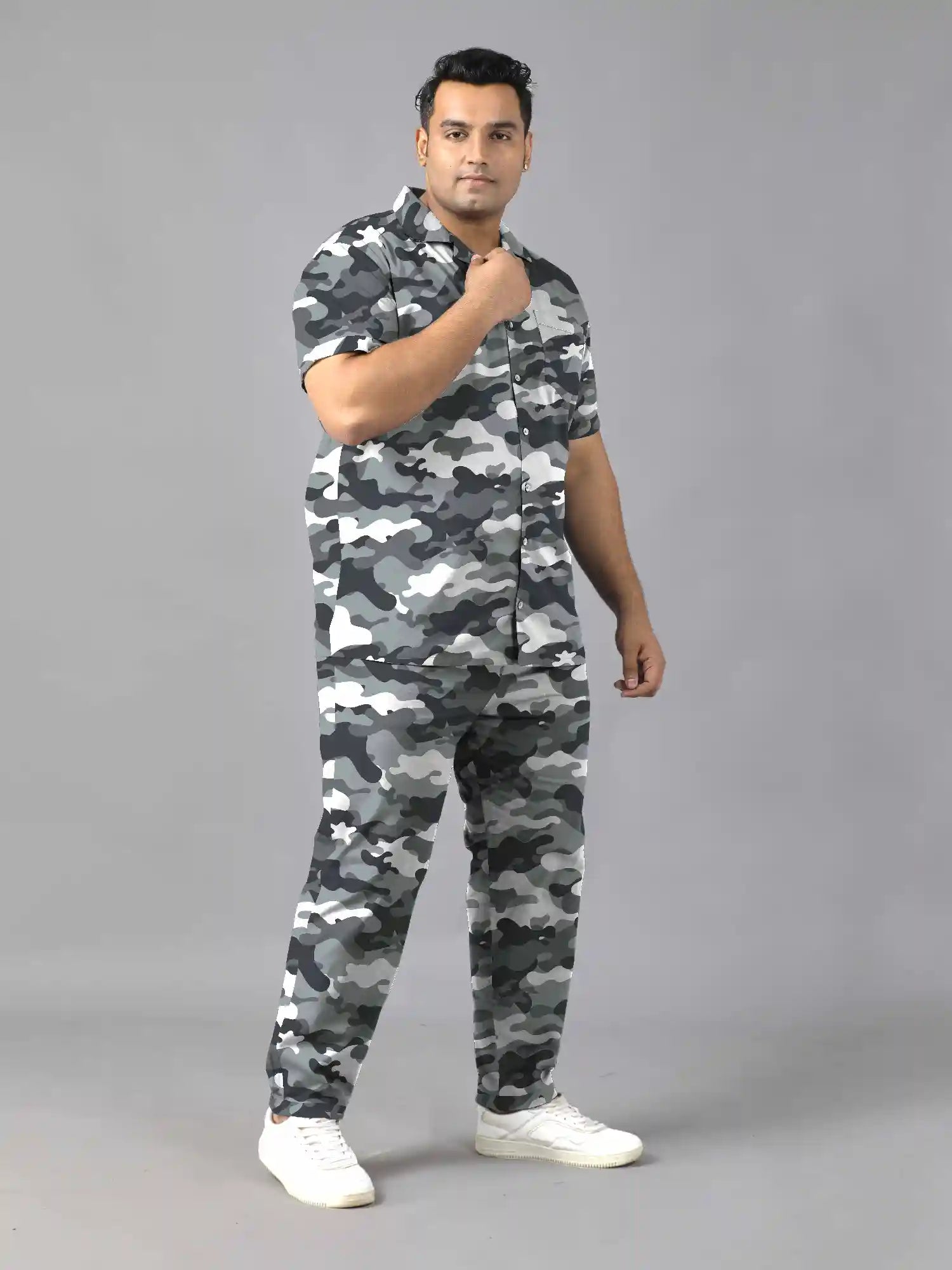 Grey Camo Printed Plus Size Men’s Full Co-ord Set