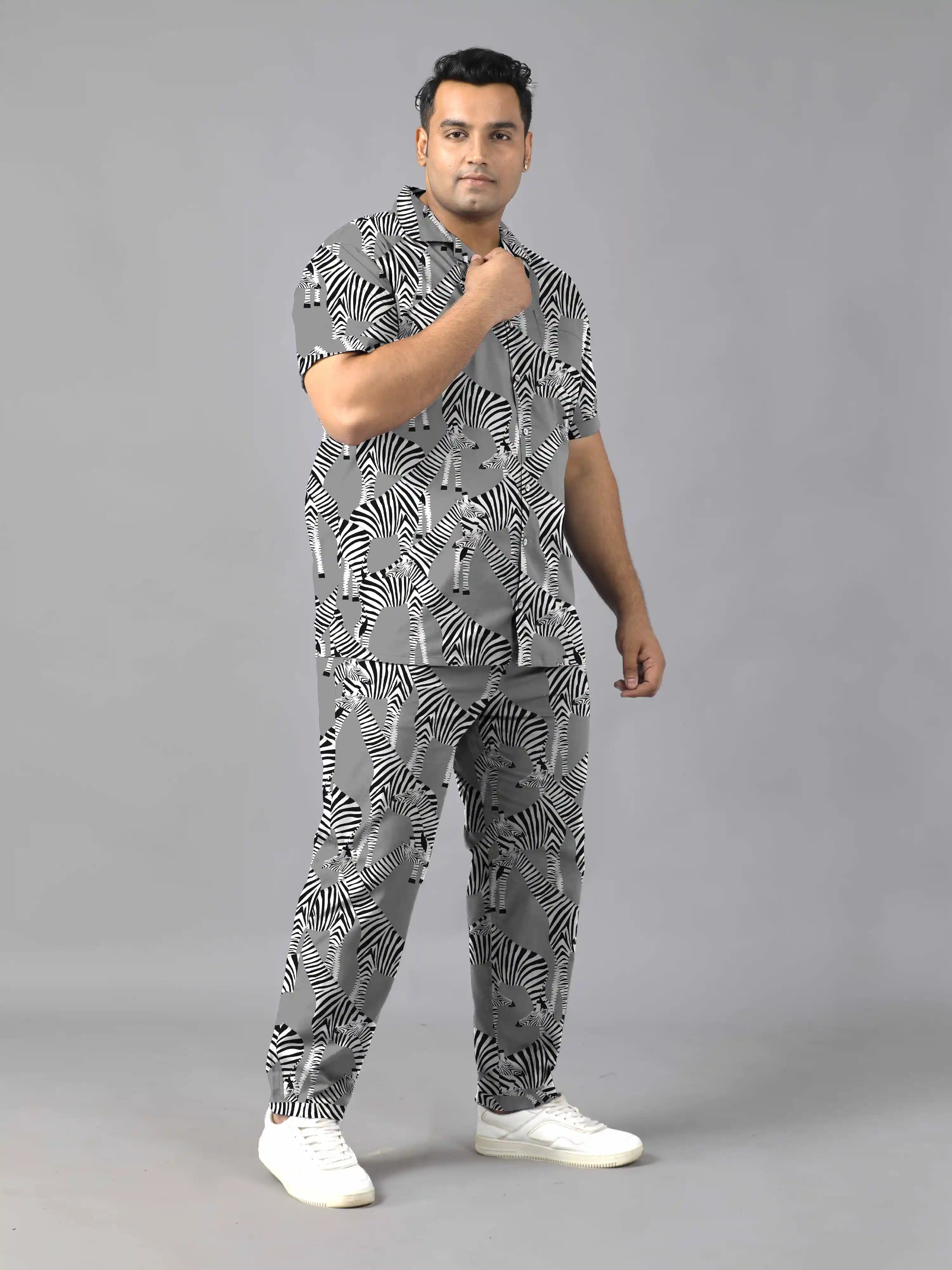 Multiple Zebras Grey Digital Printed Plus Size Men's Full Co-ord Set