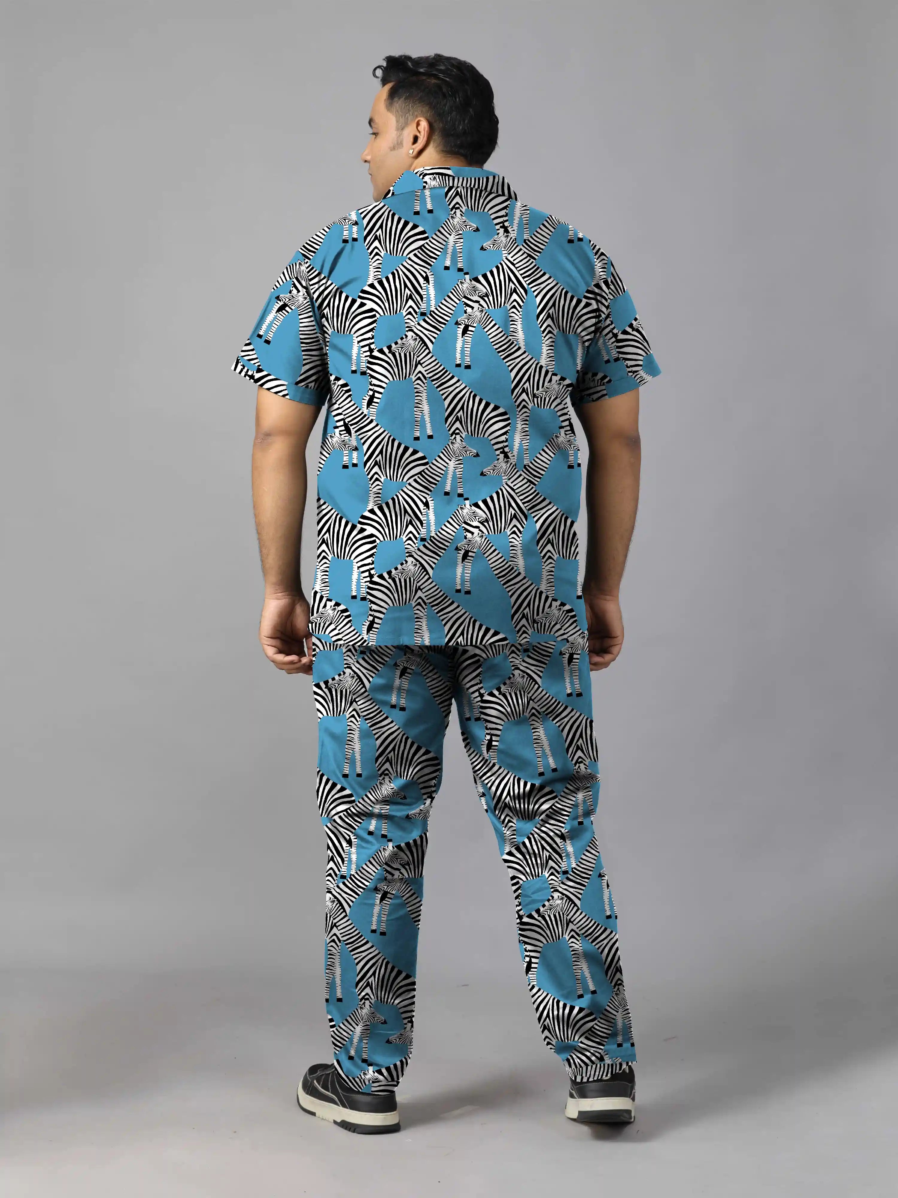 Multiple Zebras Blue Digital Printed Plus Size Men's Full Co-ord Set