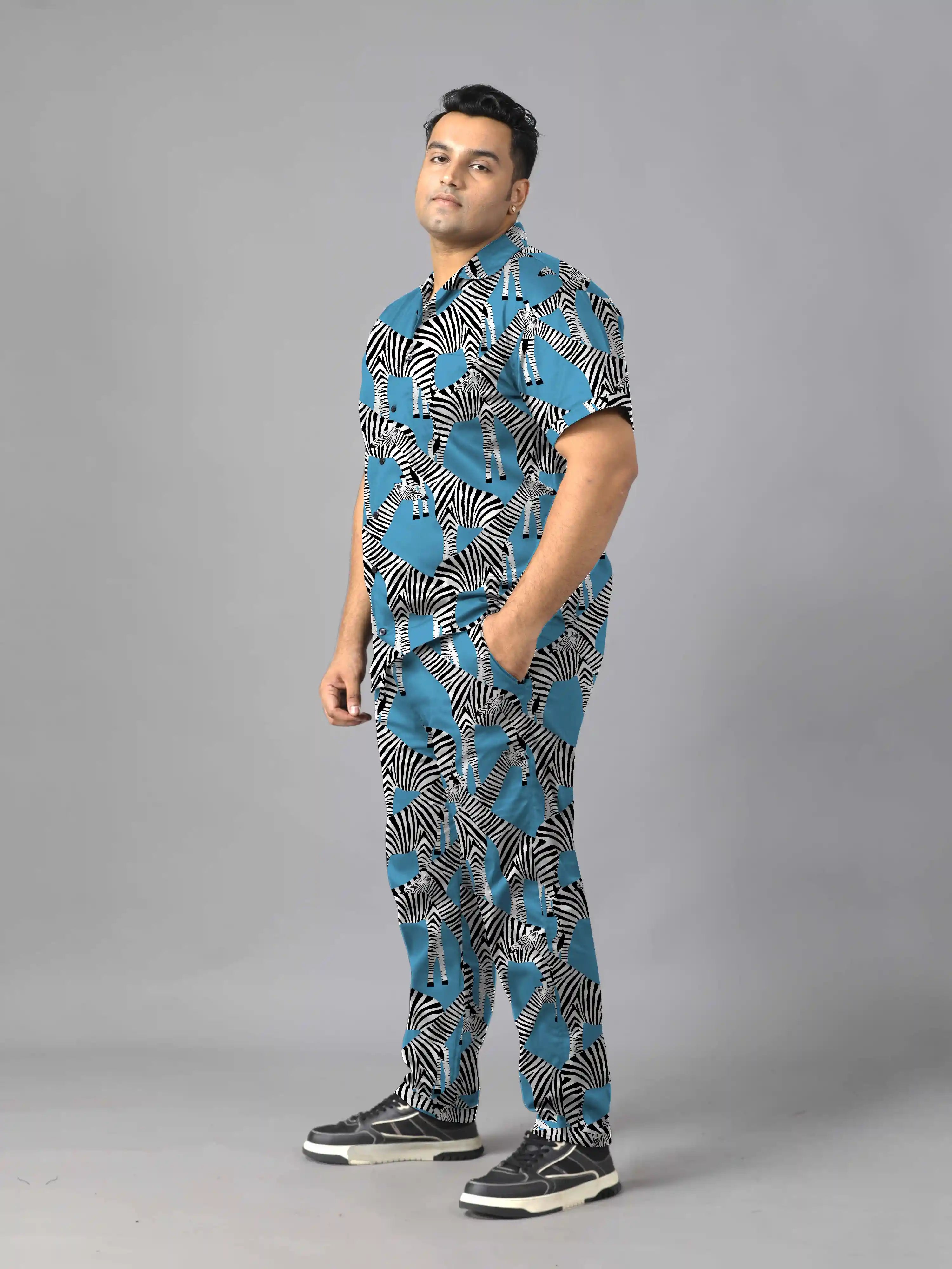Multiple Zebras Blue Digital Printed Plus Size Men's Full Co-ord Set