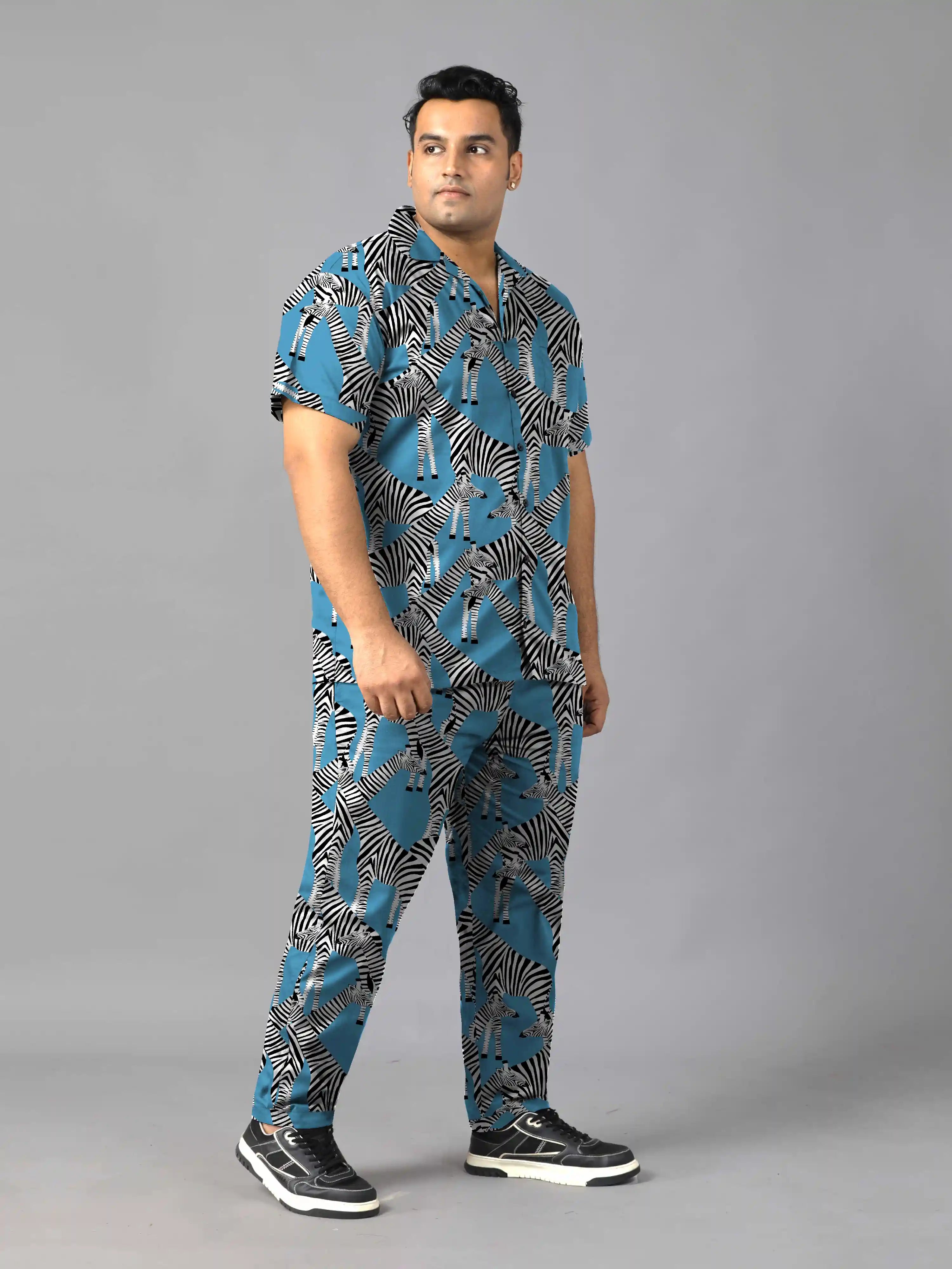 Multiple Zebras Blue Digital Printed Plus Size Men's Full Co-ord Set