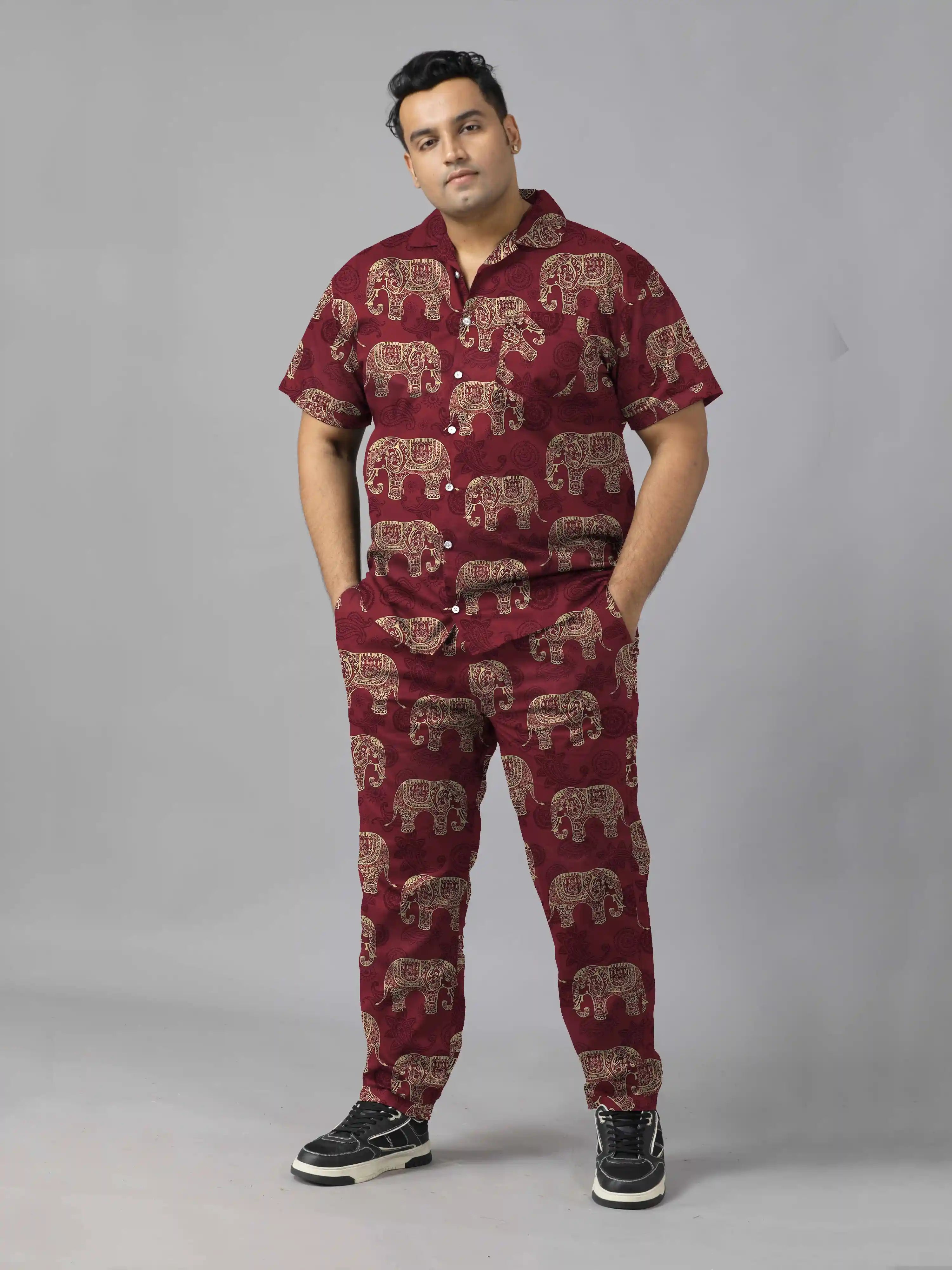 Ethnic Elephants Digital Printed Plus Size Men's Full Co-ord Set