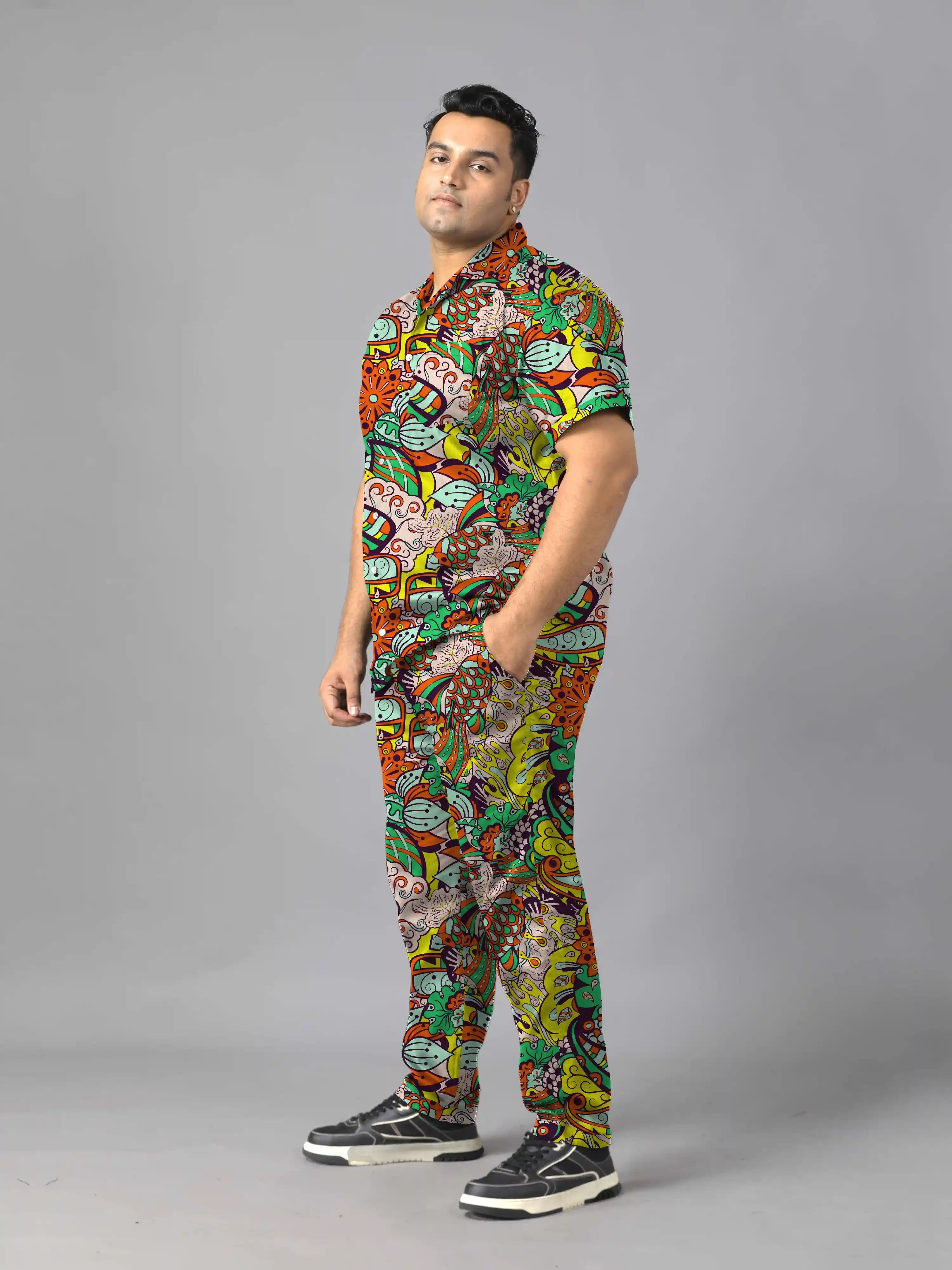 Tracery Pattern Digital Printed Plus Size Men's Full Co-Ord Set