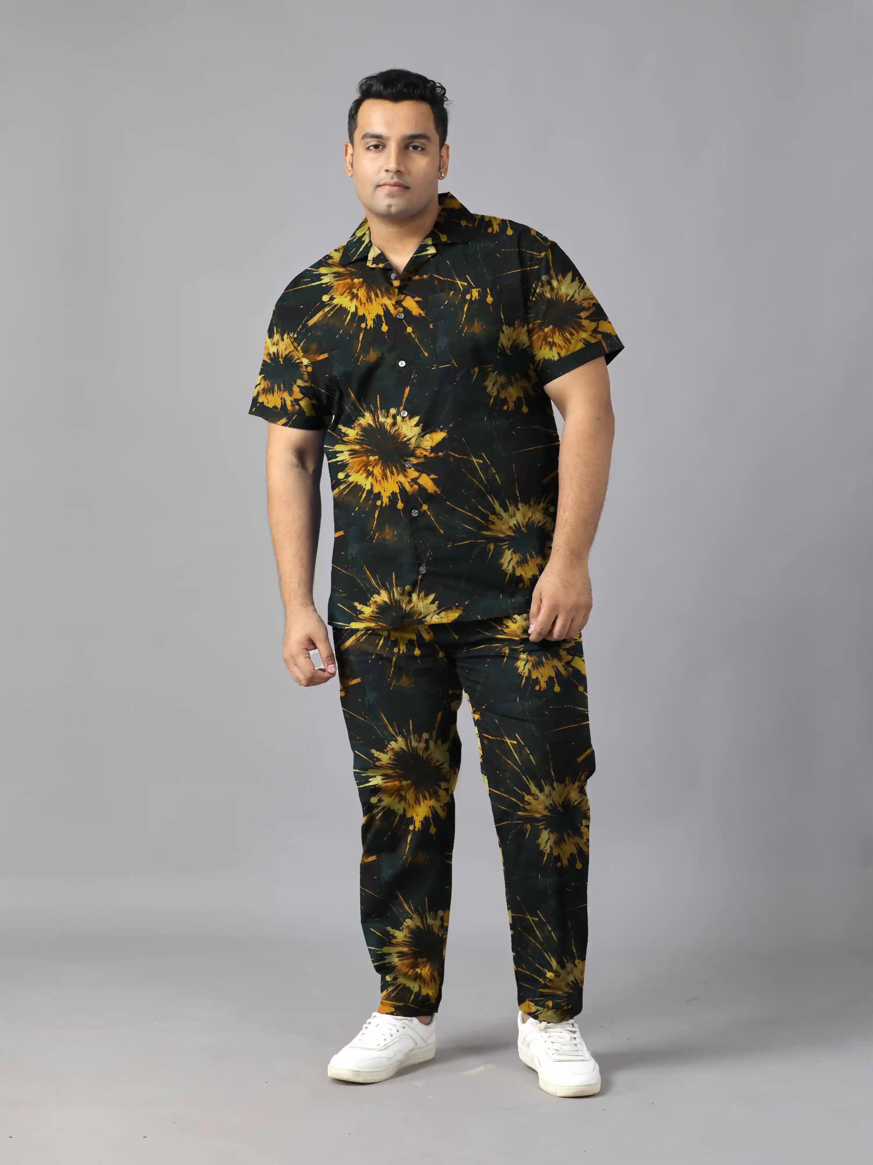 Tie-Dye Golden Digital Printed Plus Size Men's Full Co-Ord Set