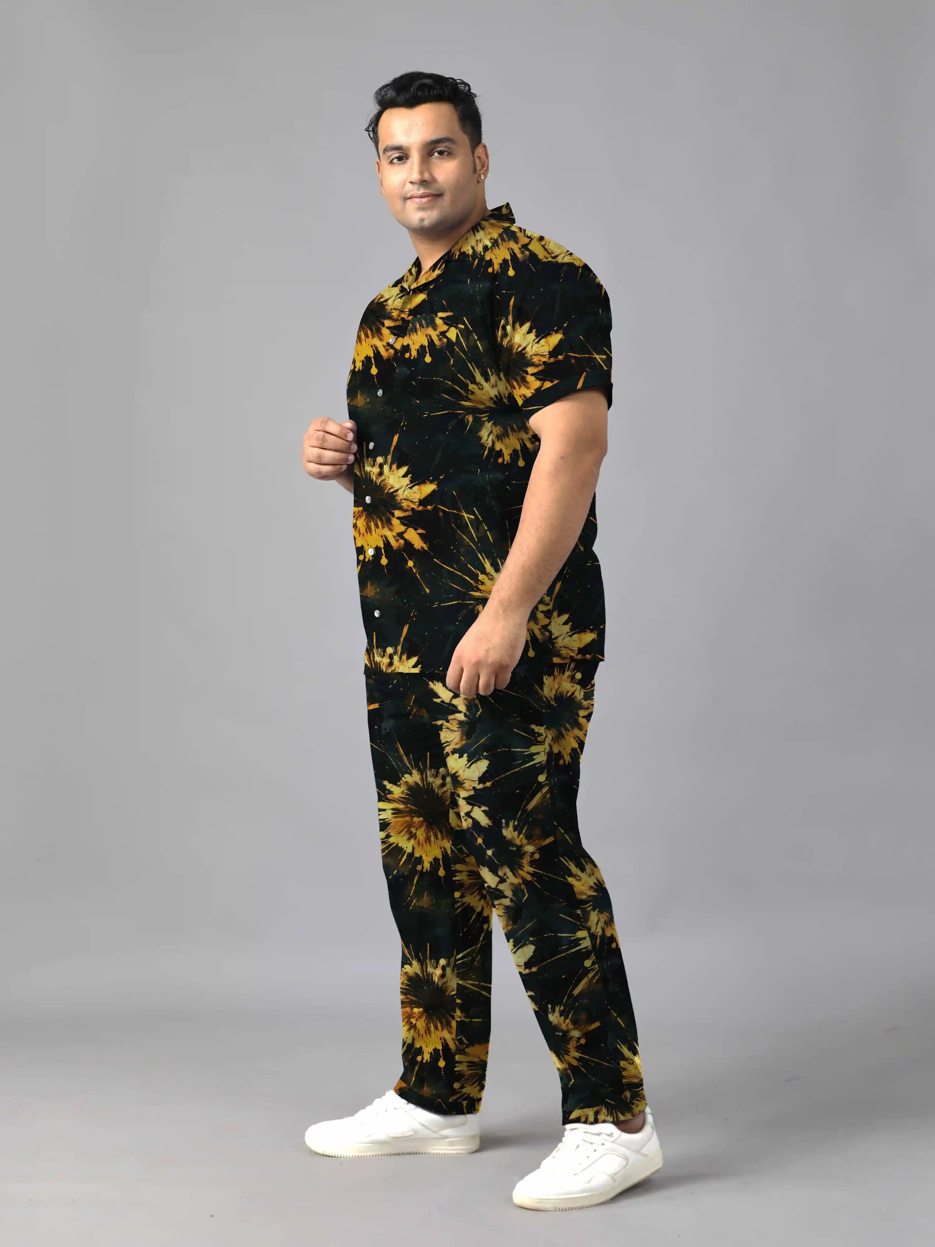 Tie-Dye Golden Digital Printed Plus Size Men's Full Co-Ord Set