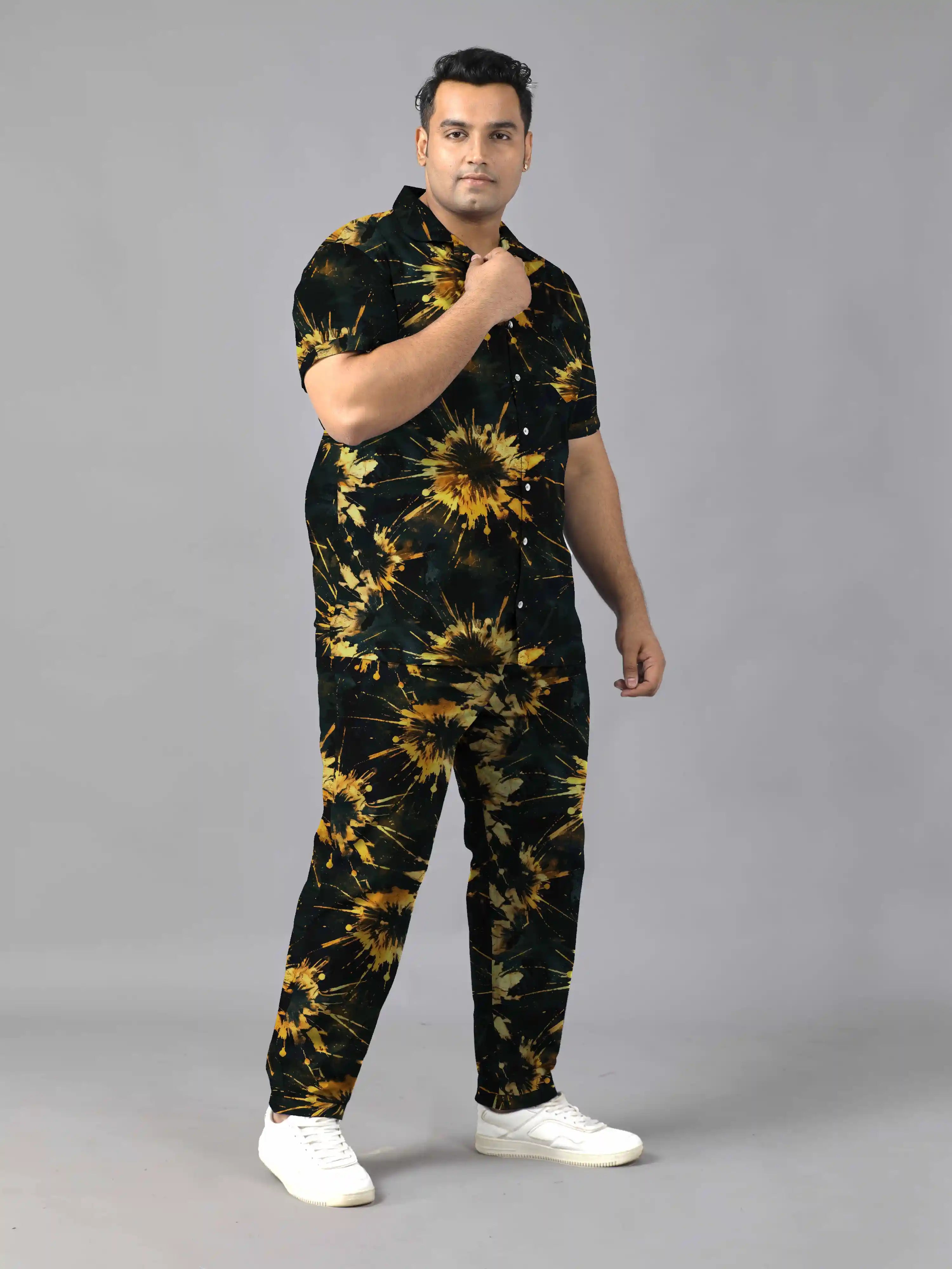 Tie-Dye Golden Digital Printed Plus Size Men's Full Co-Ord Set