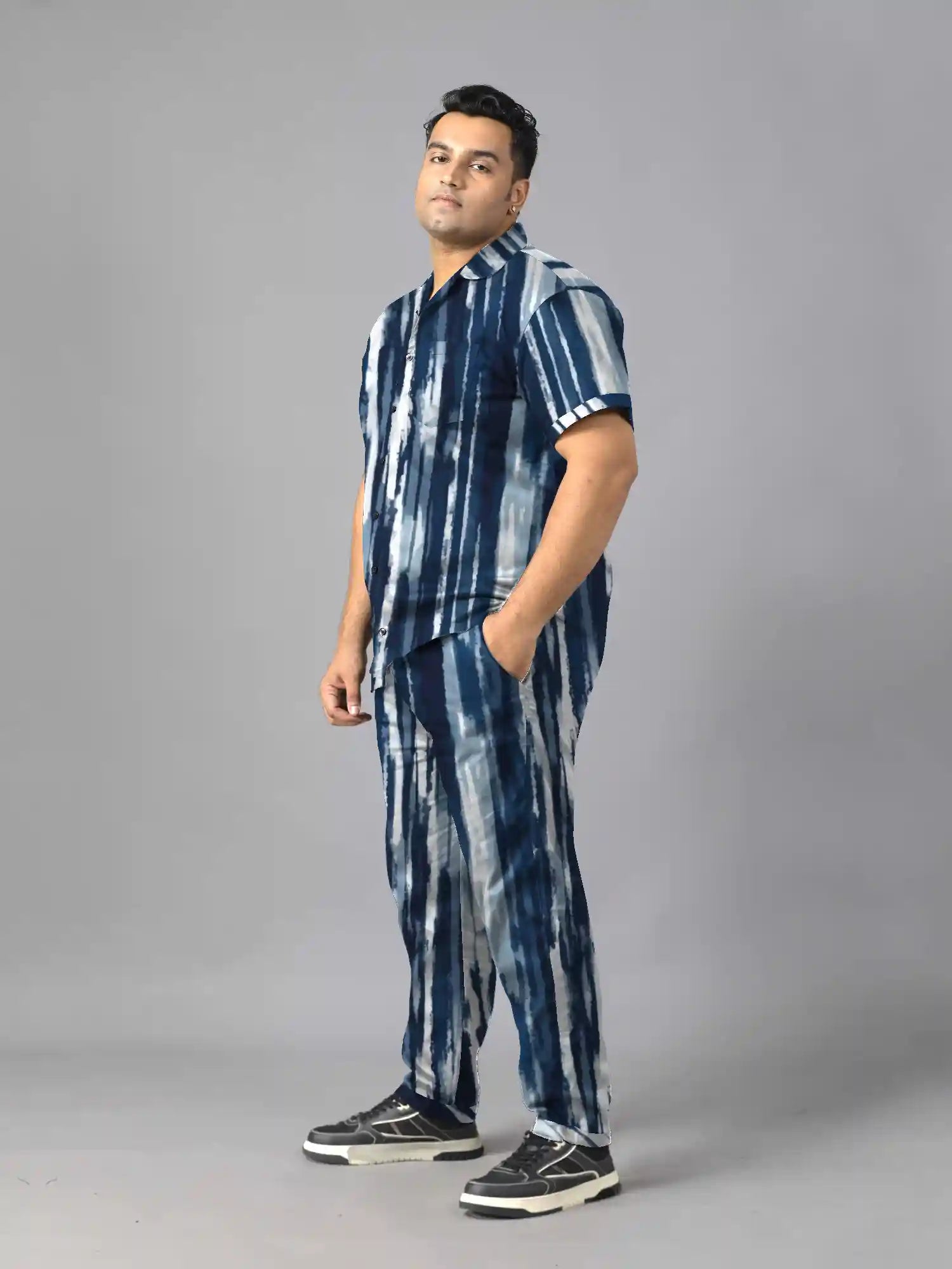Blue White Tie Dye Plus Size Men’s Full Co-ord Set