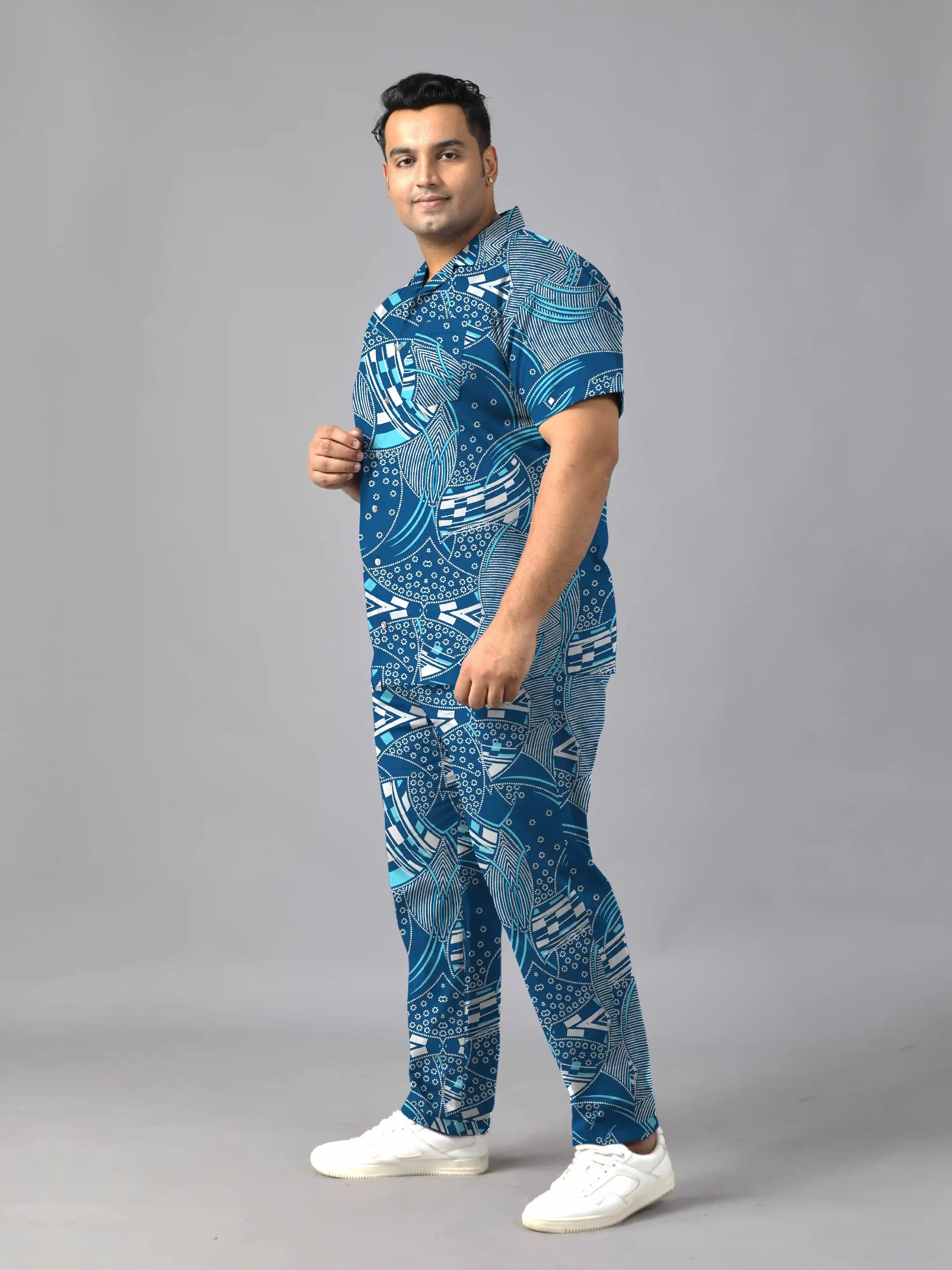 Blue and White Abstract Digital Printed Plus Size Men's Full Co-Ord Set