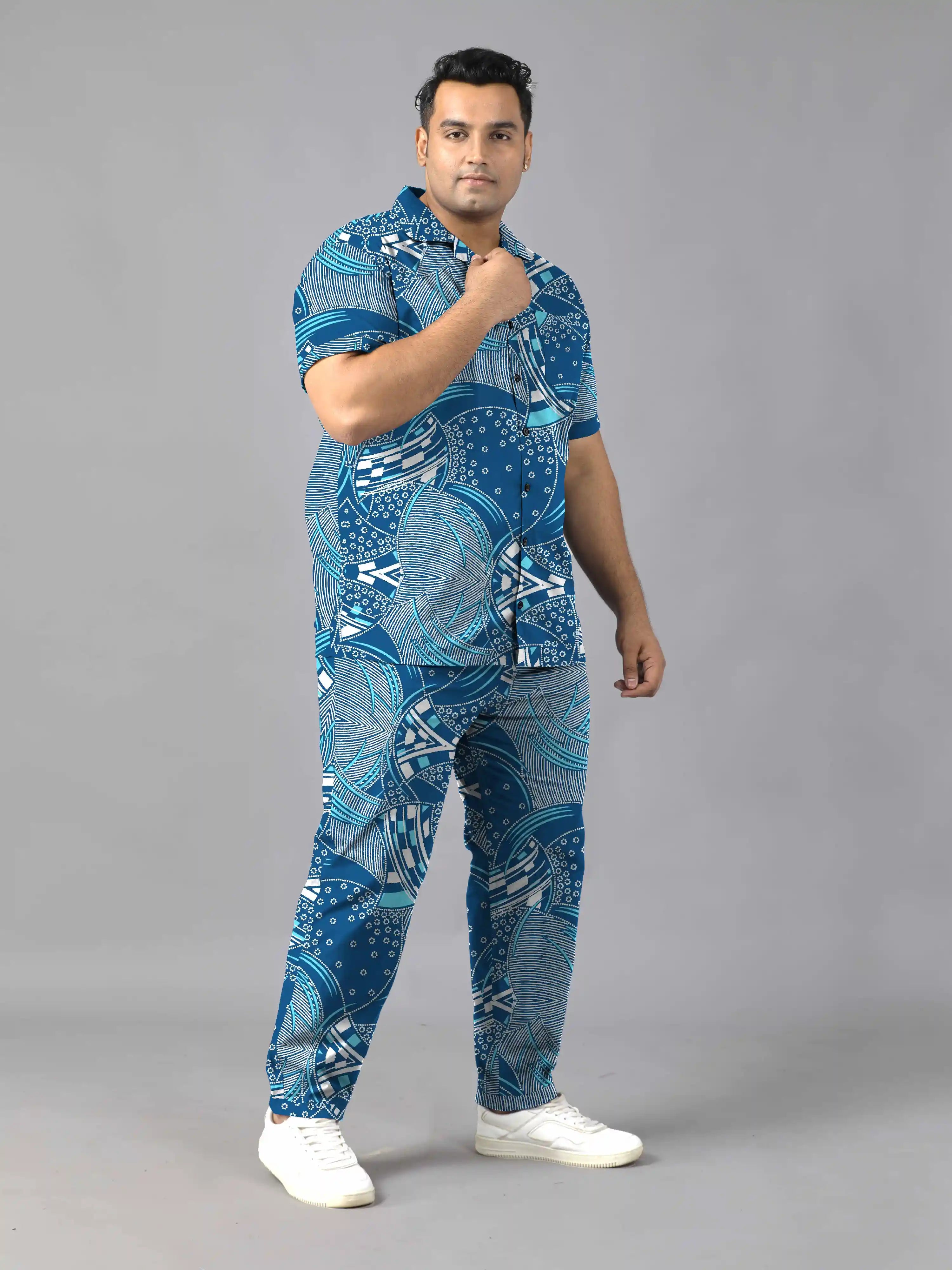 Blue and White Abstract Digital Printed Plus Size Men's Full Co-Ord Set