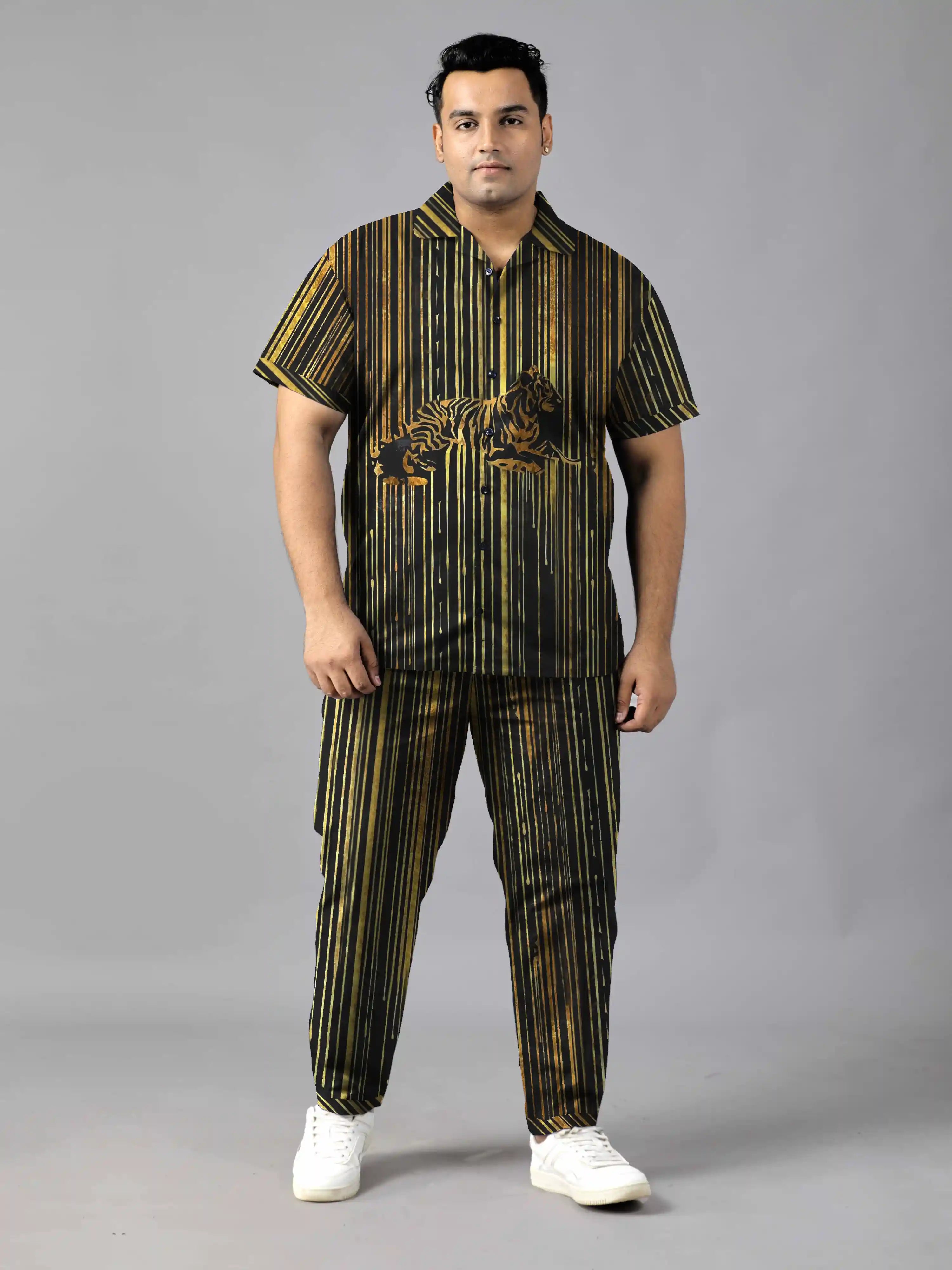 Stripes of Golden Tiger Plus Size Men’s Full Co-ord Set