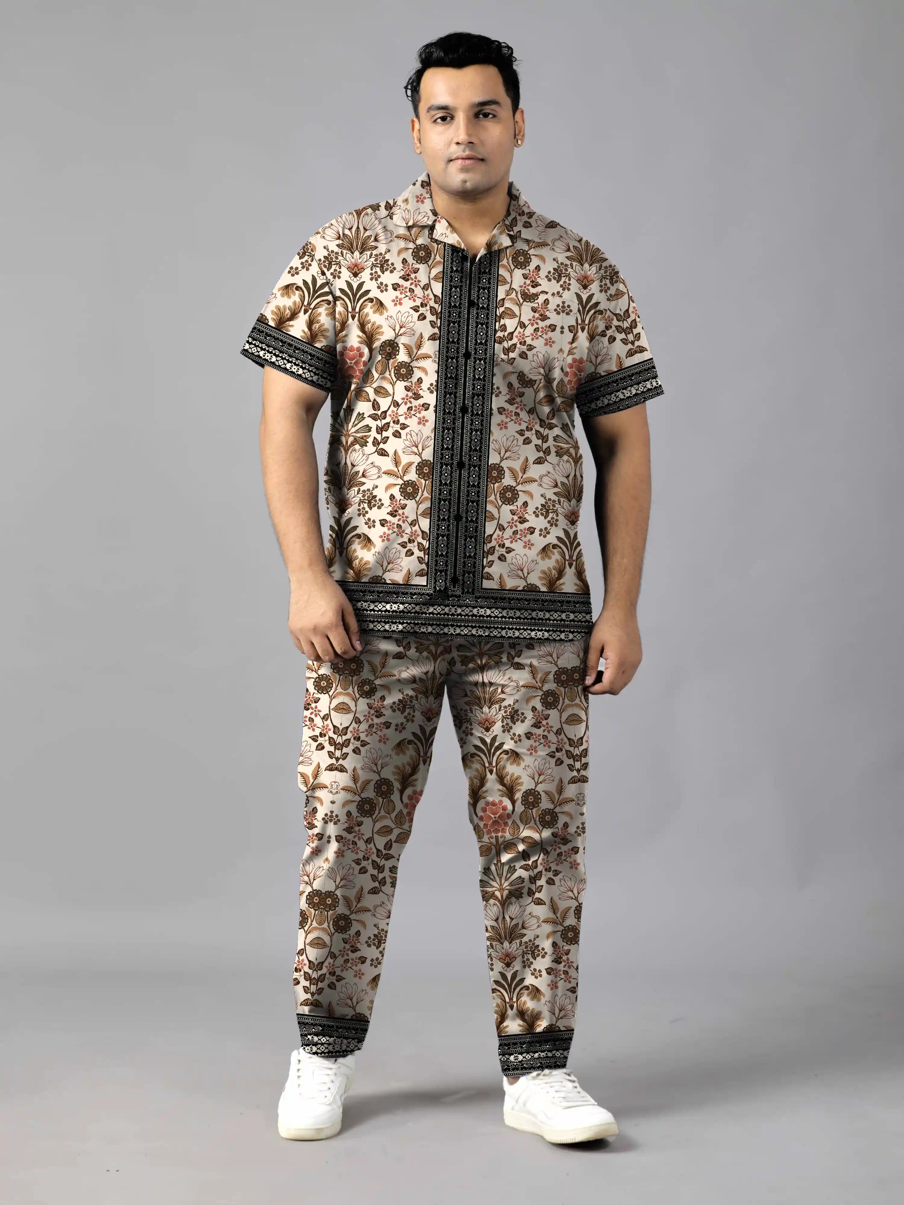 Floral and Leaf Digital Printed Plus Size Men's Full Co-ord Set