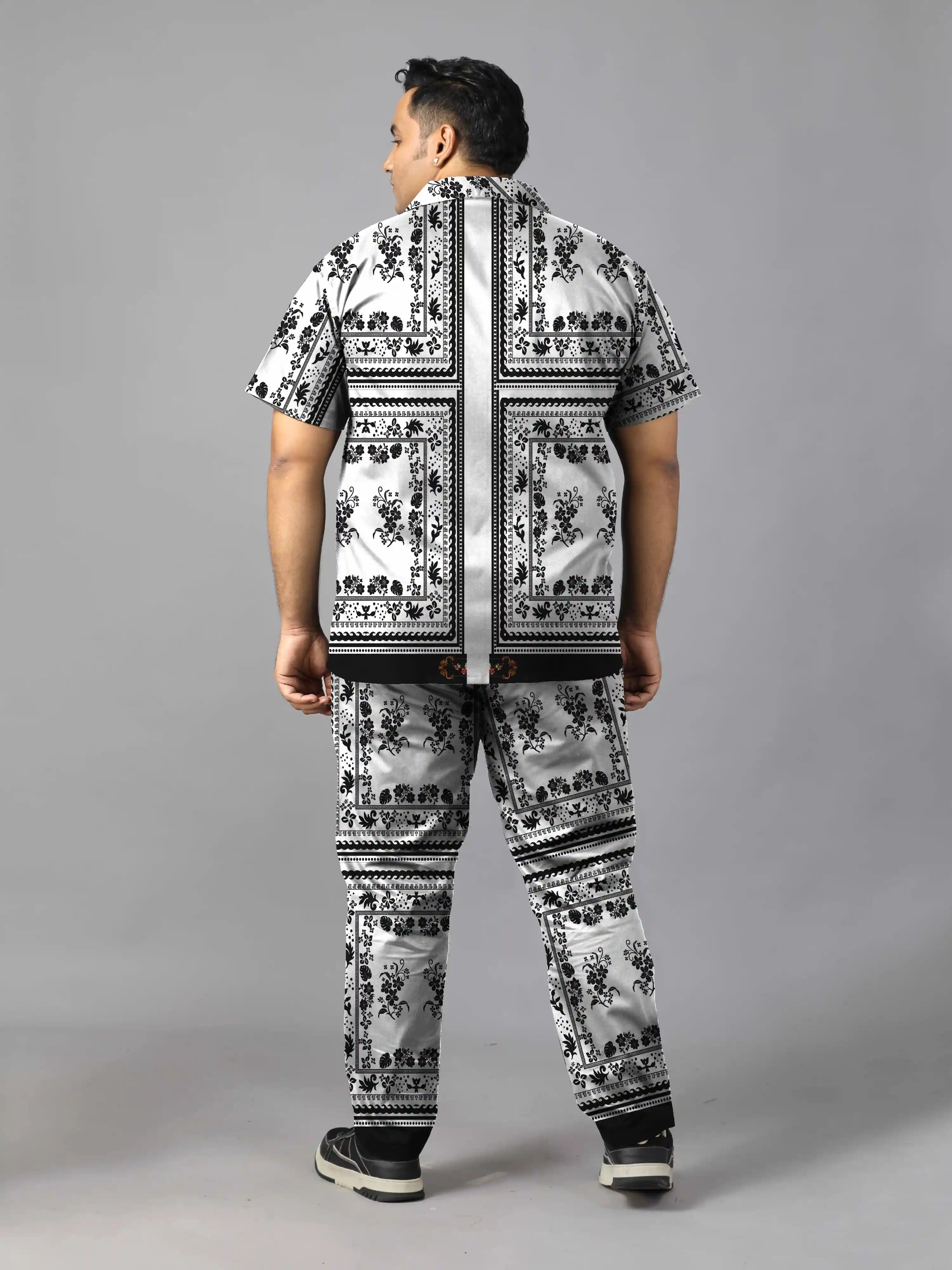 White Floral Digital Printed Plus Size Men's Full Co-ord Set