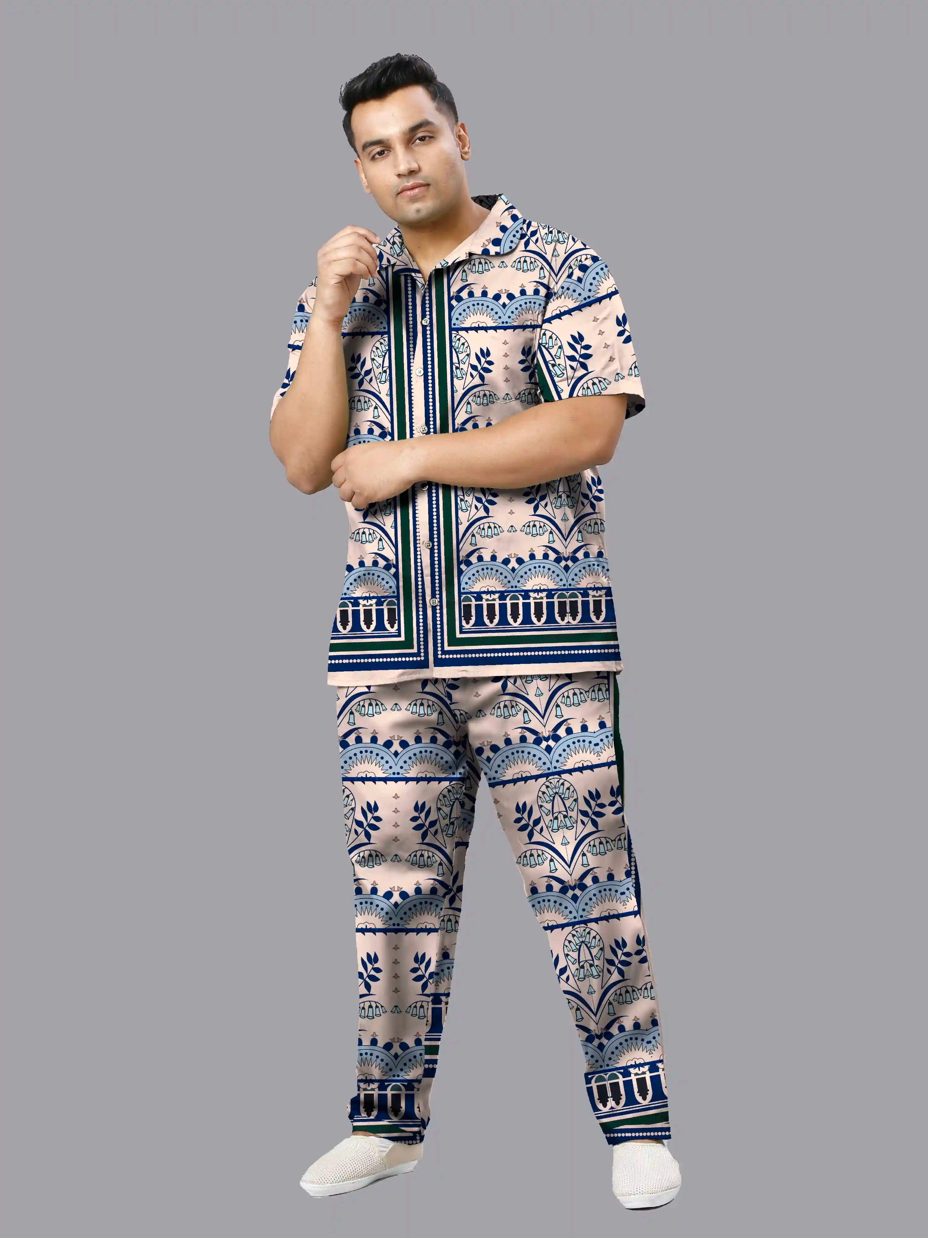 Geometric Pattern Digital Printed Plus Size Men's Full Co-ord Set