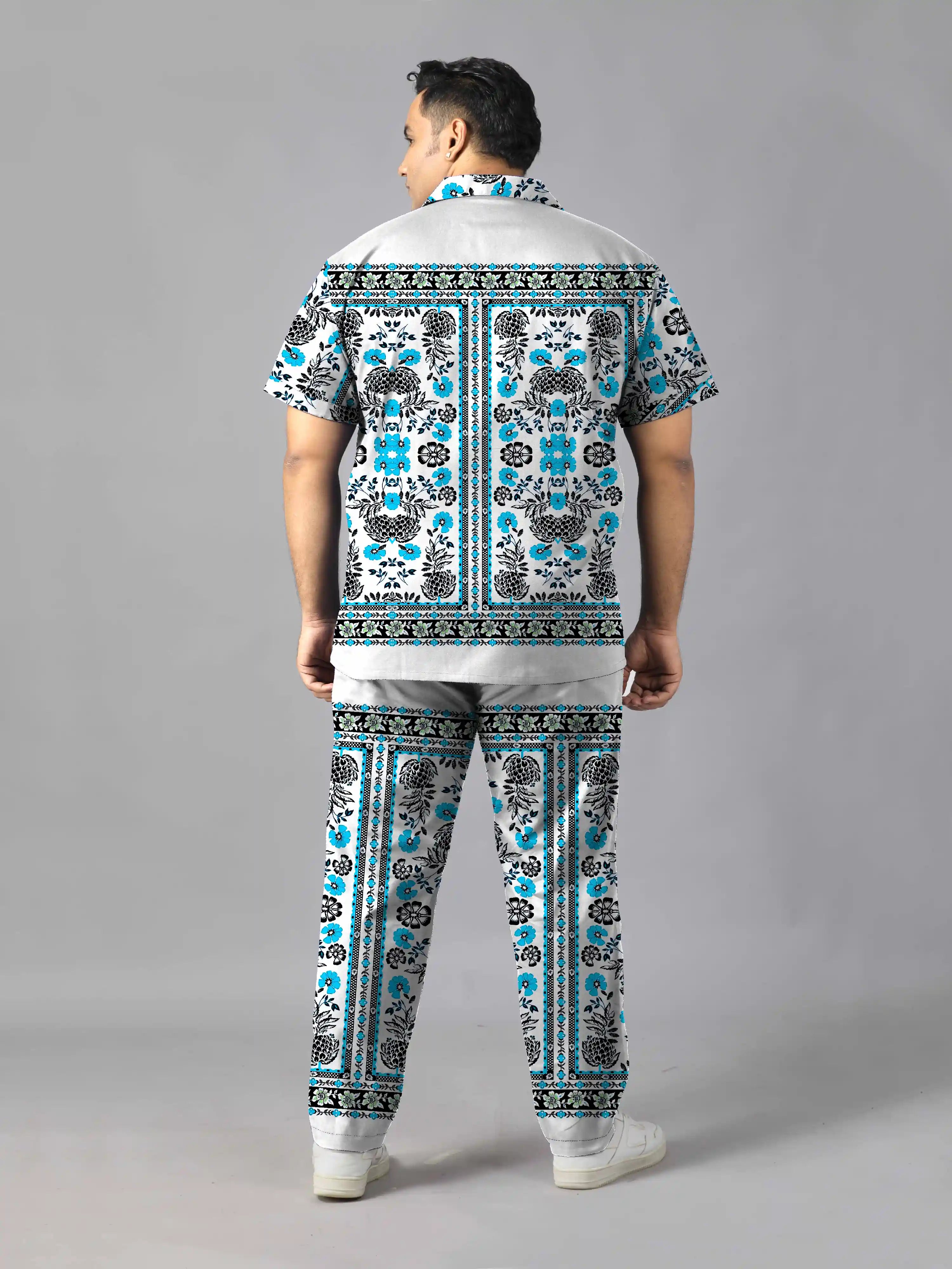 Blue Floral Digital Printed Plus Size Men's Full Co-ord Set