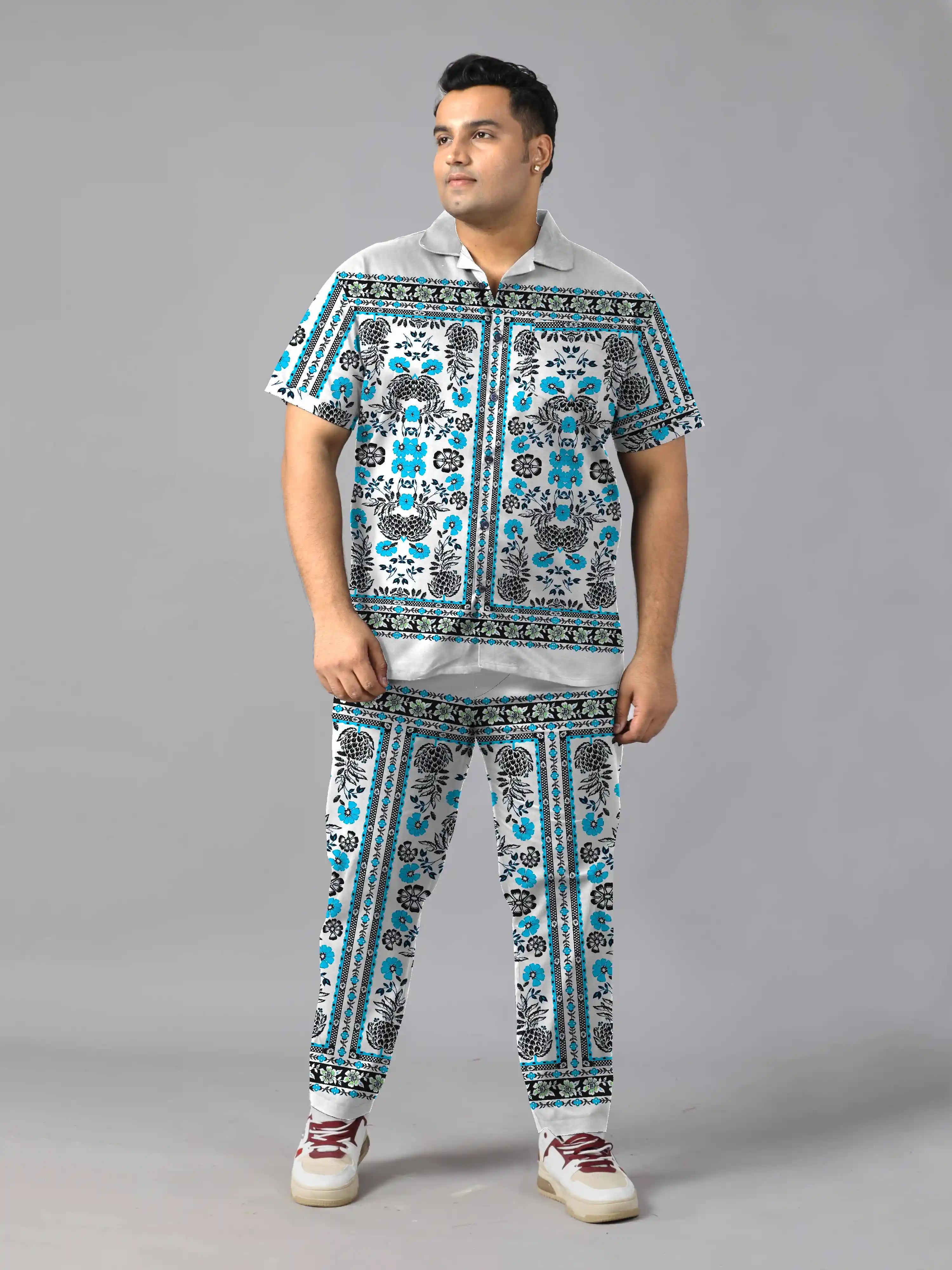 Blue Floral Digital Printed Plus Size Men's Full Co-ord Set