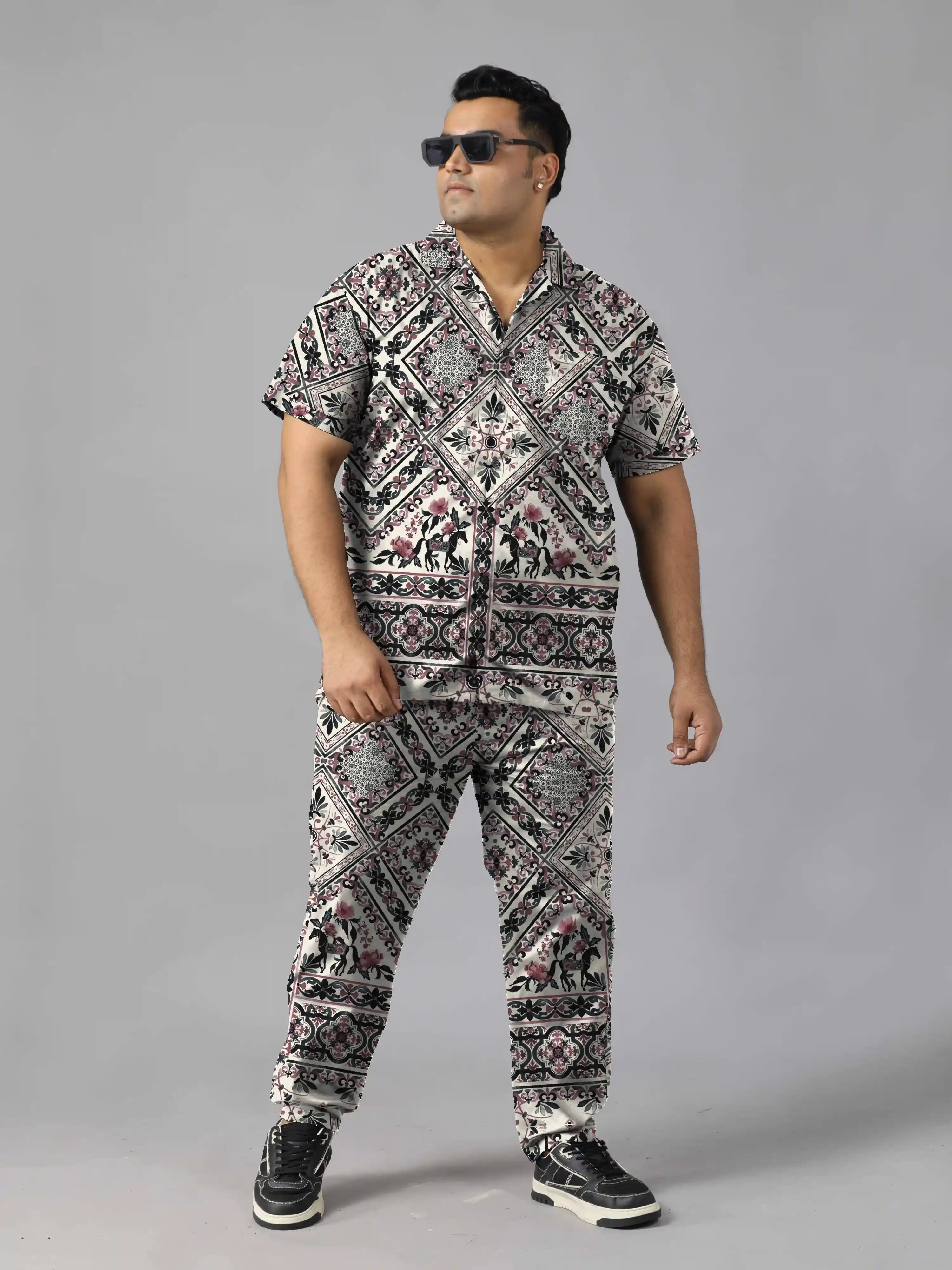 Symmetrical Floral Digital Printed Plus Size Men's Full Co-ord Set
