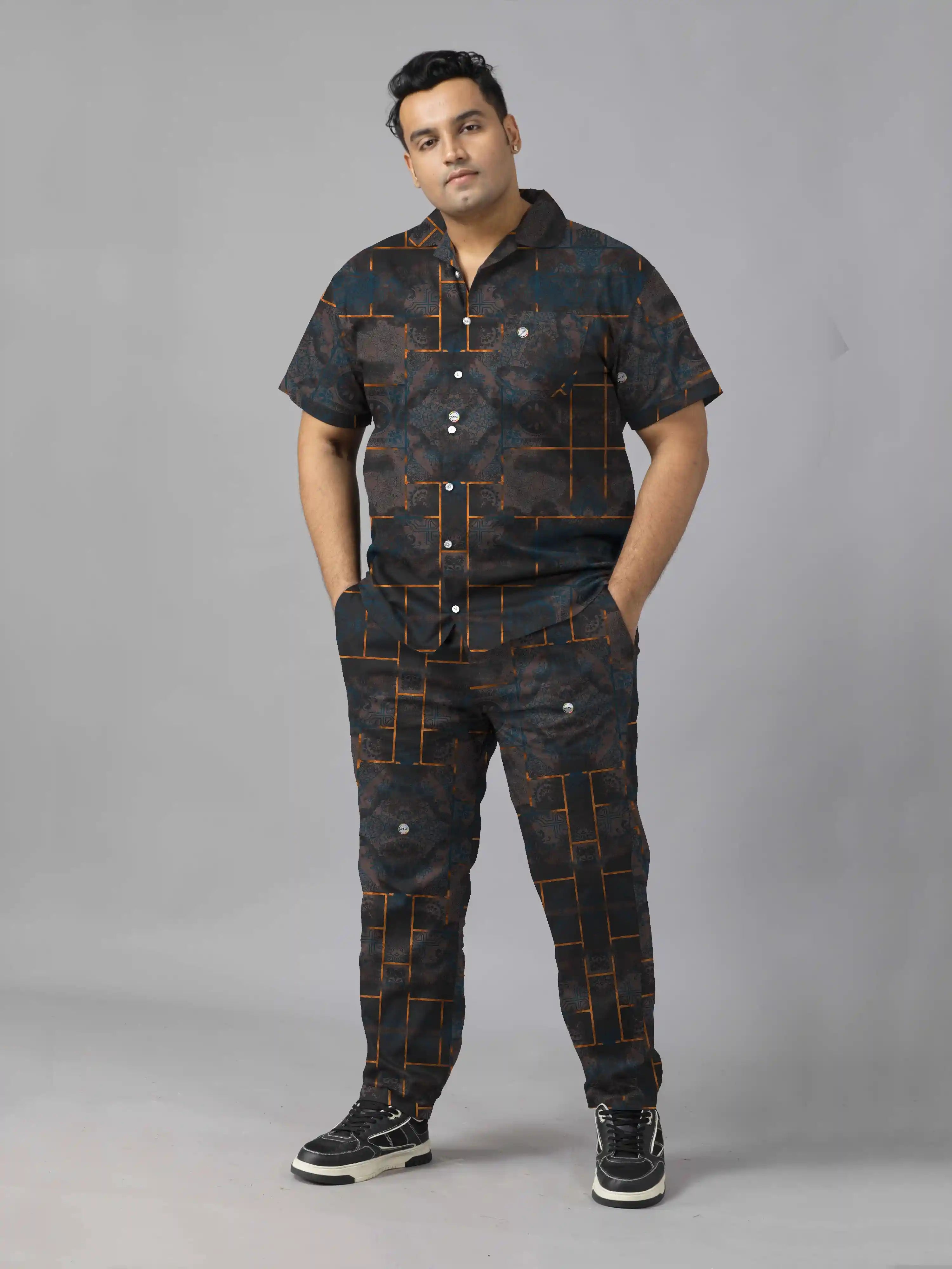 Distressed Pattern Digital Printed Plus Size Men's Full Co-Ord Set