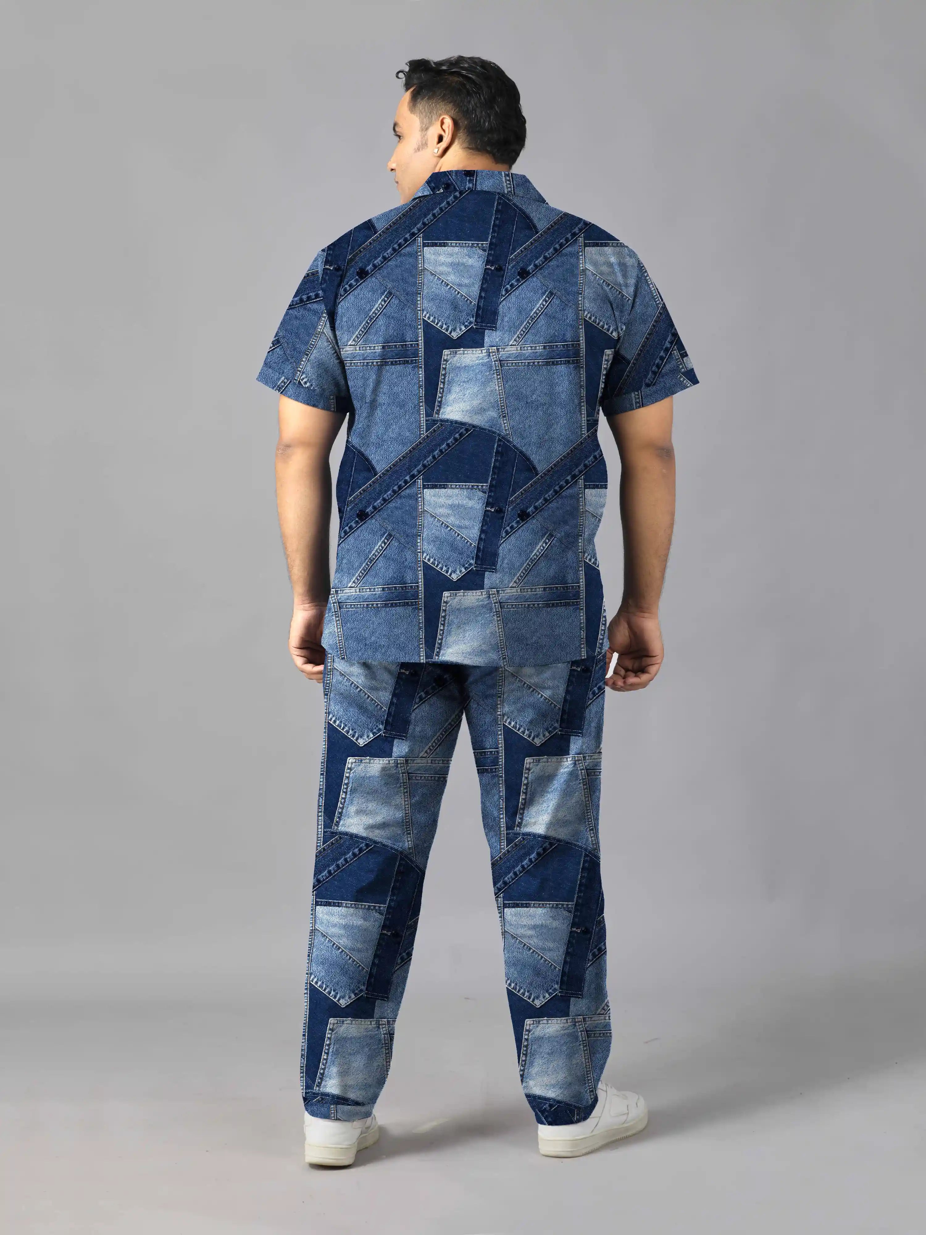 Denim Patch Stitch Digital Printed Plus Size Men's Full Co-ord Set