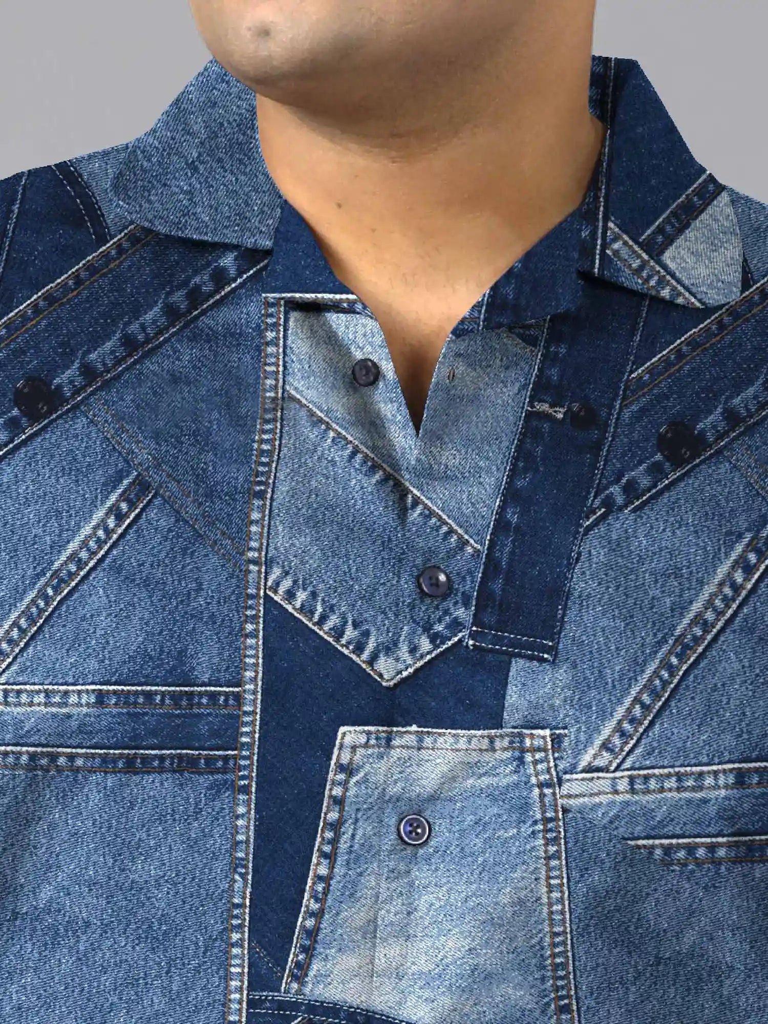 Denim Patch Stitch Digital Printed Plus Size Men's Full Co-ord Set