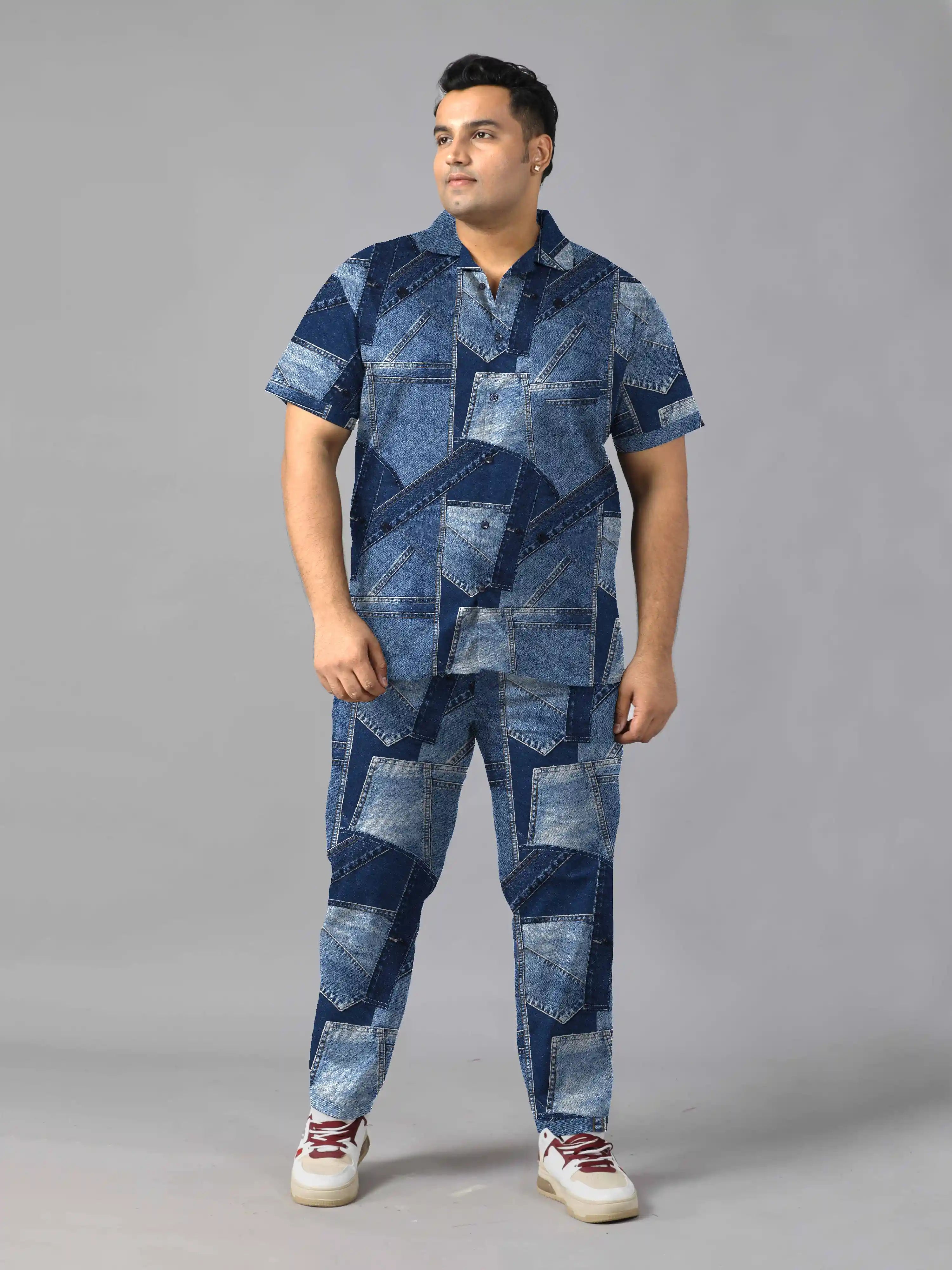 Denim Patch Stitch Digital Printed Plus Size Men's Full Co-ord Set