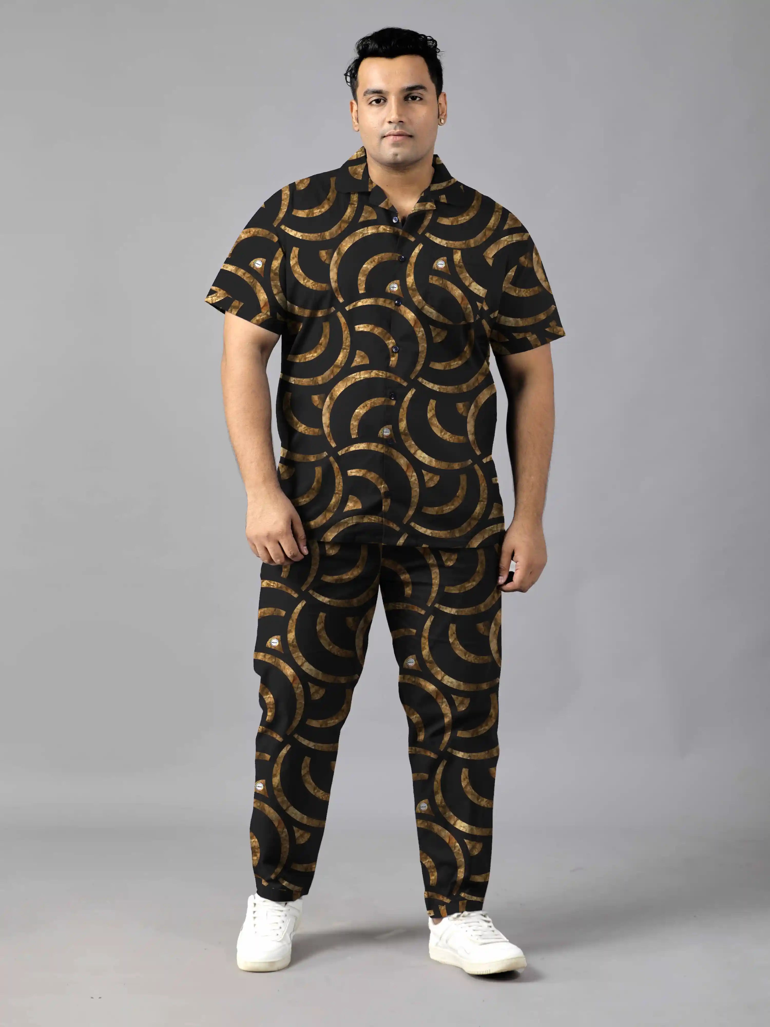 Golden Geometric Digital Printed Plus Size Men's Full Co-Ord Set