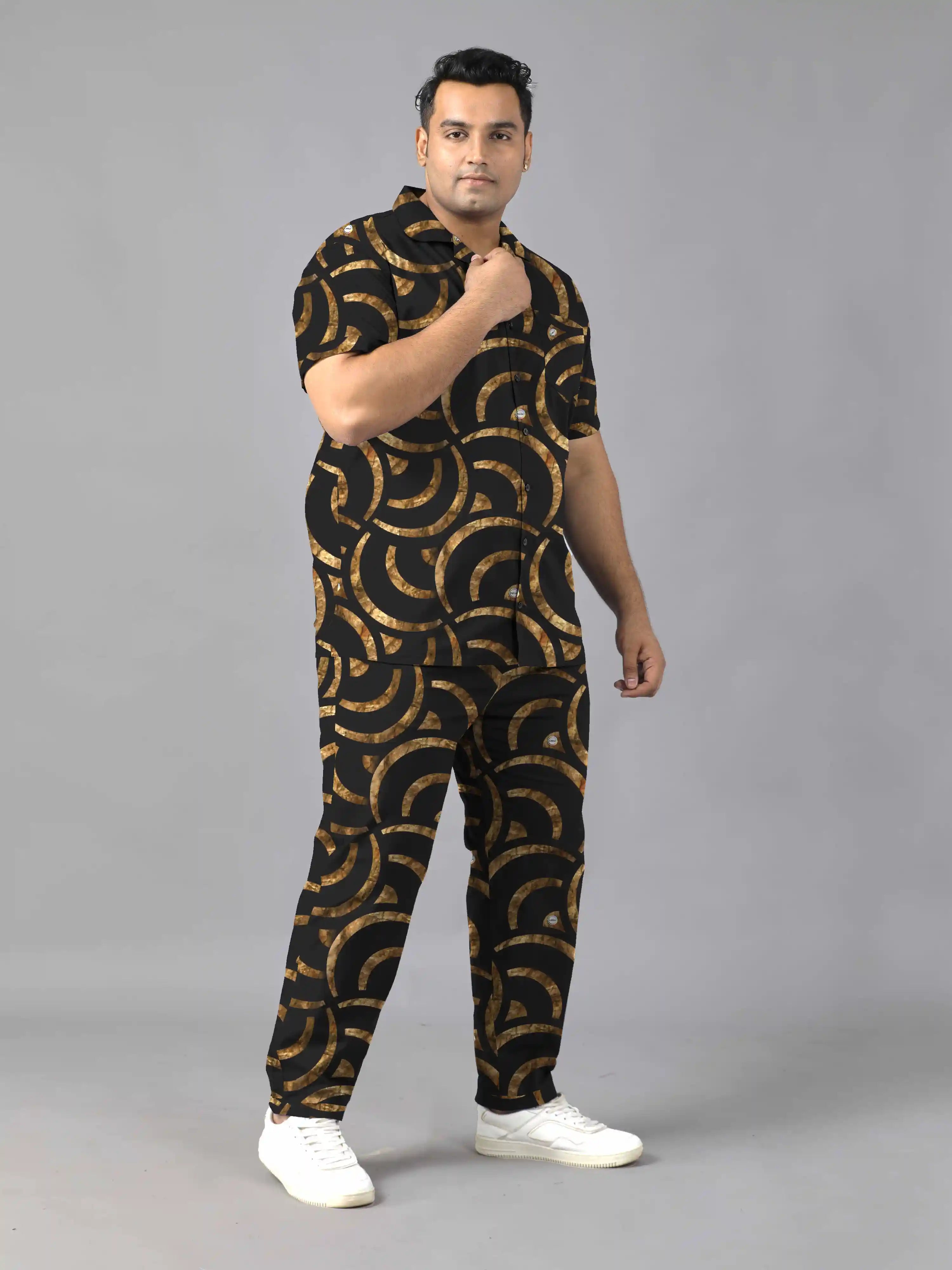 Golden Geometric Digital Printed Plus Size Men's Full Co-Ord Set