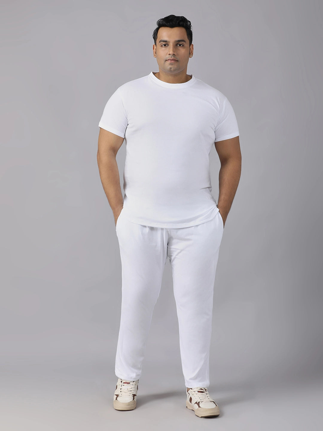 White Solid Knits Plus Size Men’s Full Co-ord Set