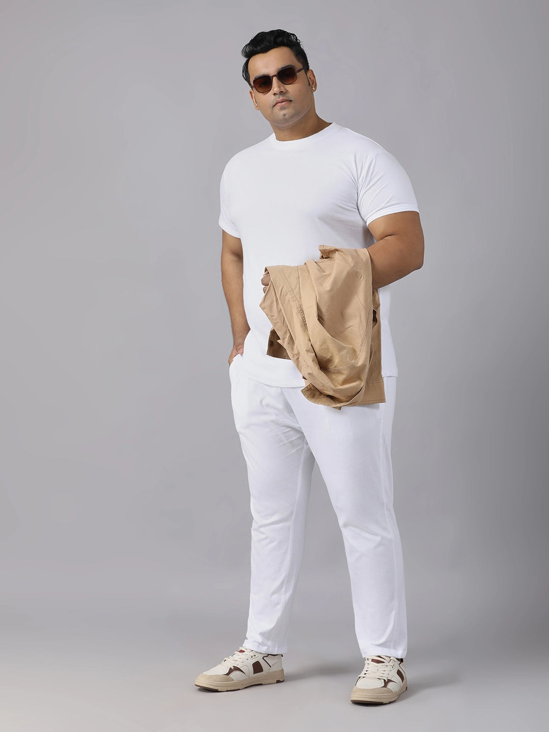 White Solid Knits Plus Size Men’s Full Co-ord Set