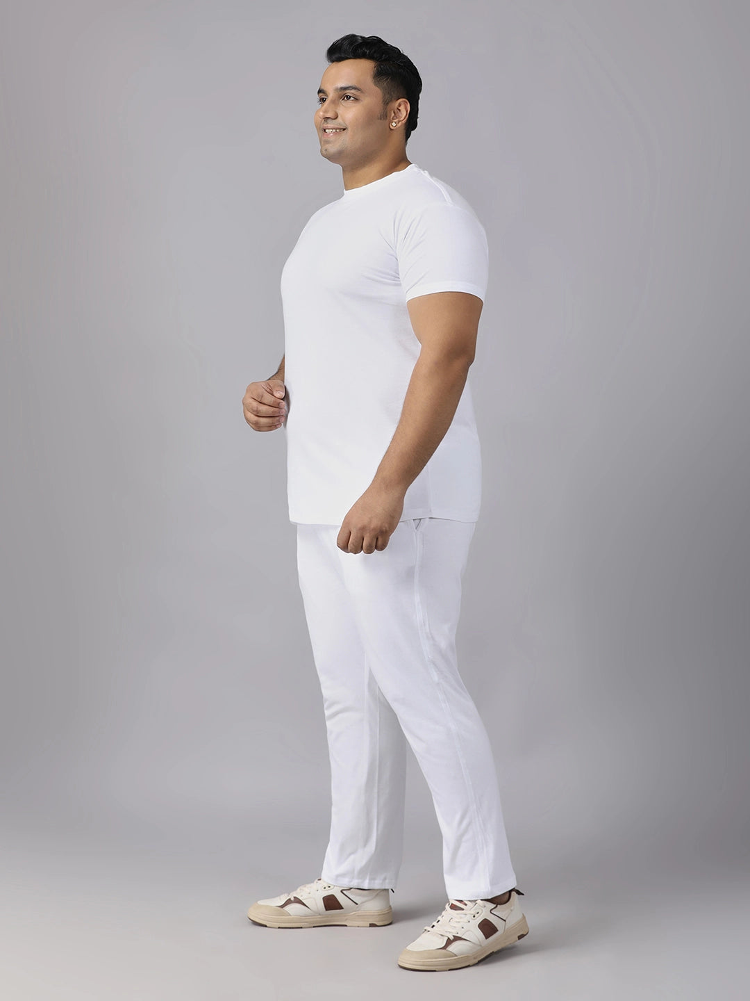 White Solid Knits Plus Size Men’s Full Co-ord Set