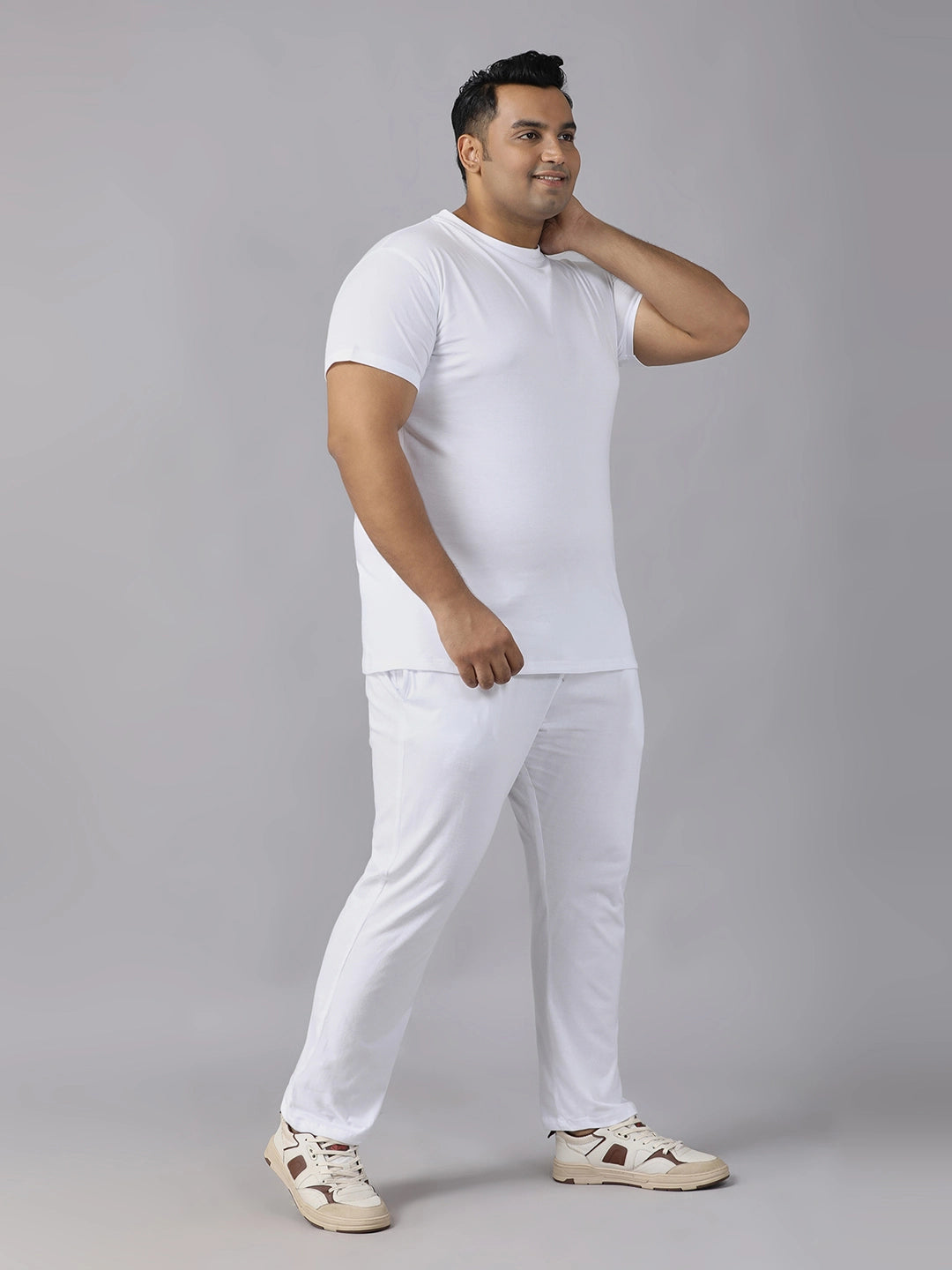 White Solid Knits Plus Size Men’s Full Co-ord Set